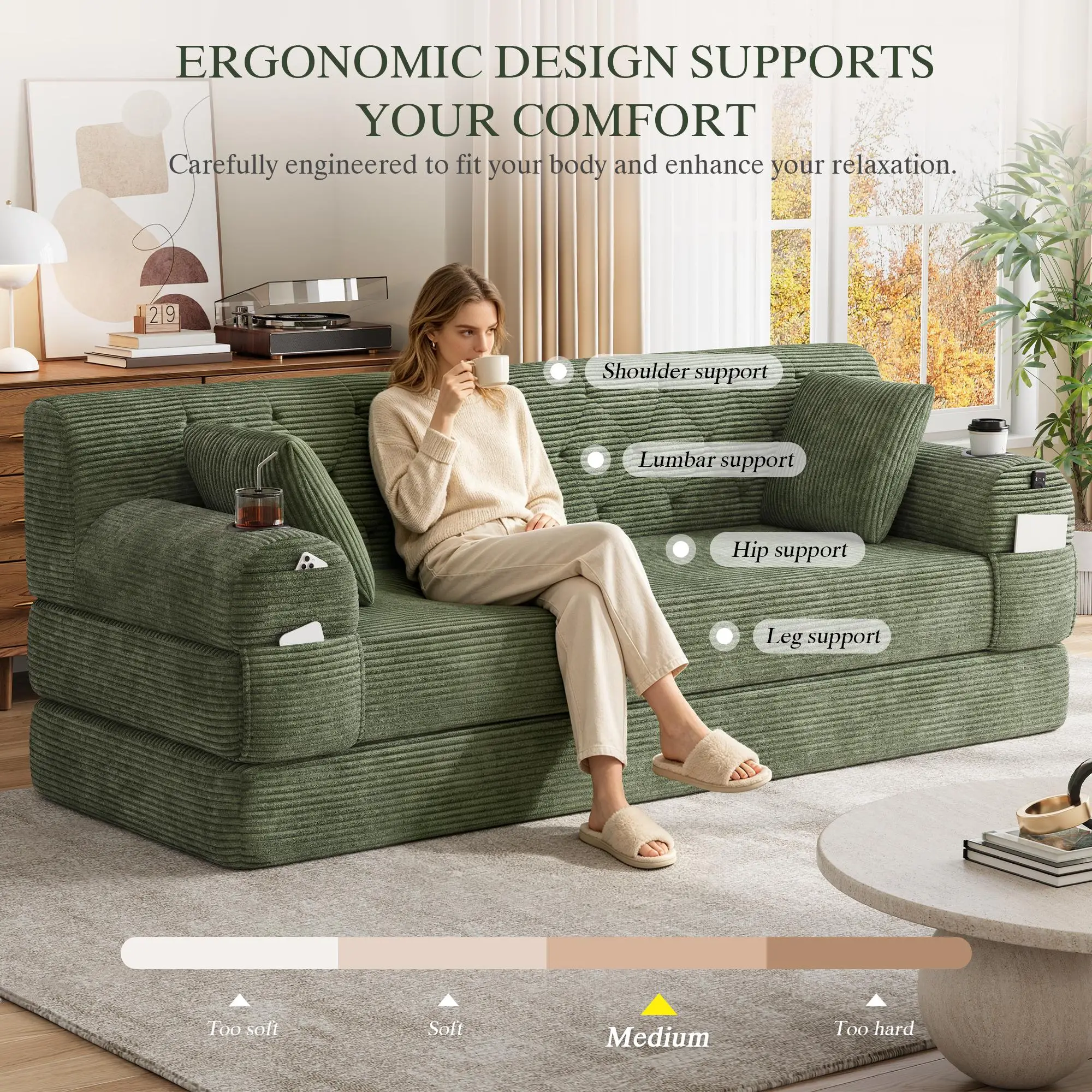 Corduroy Sofa Bed 208 x 80 x 81cm - Green - 7