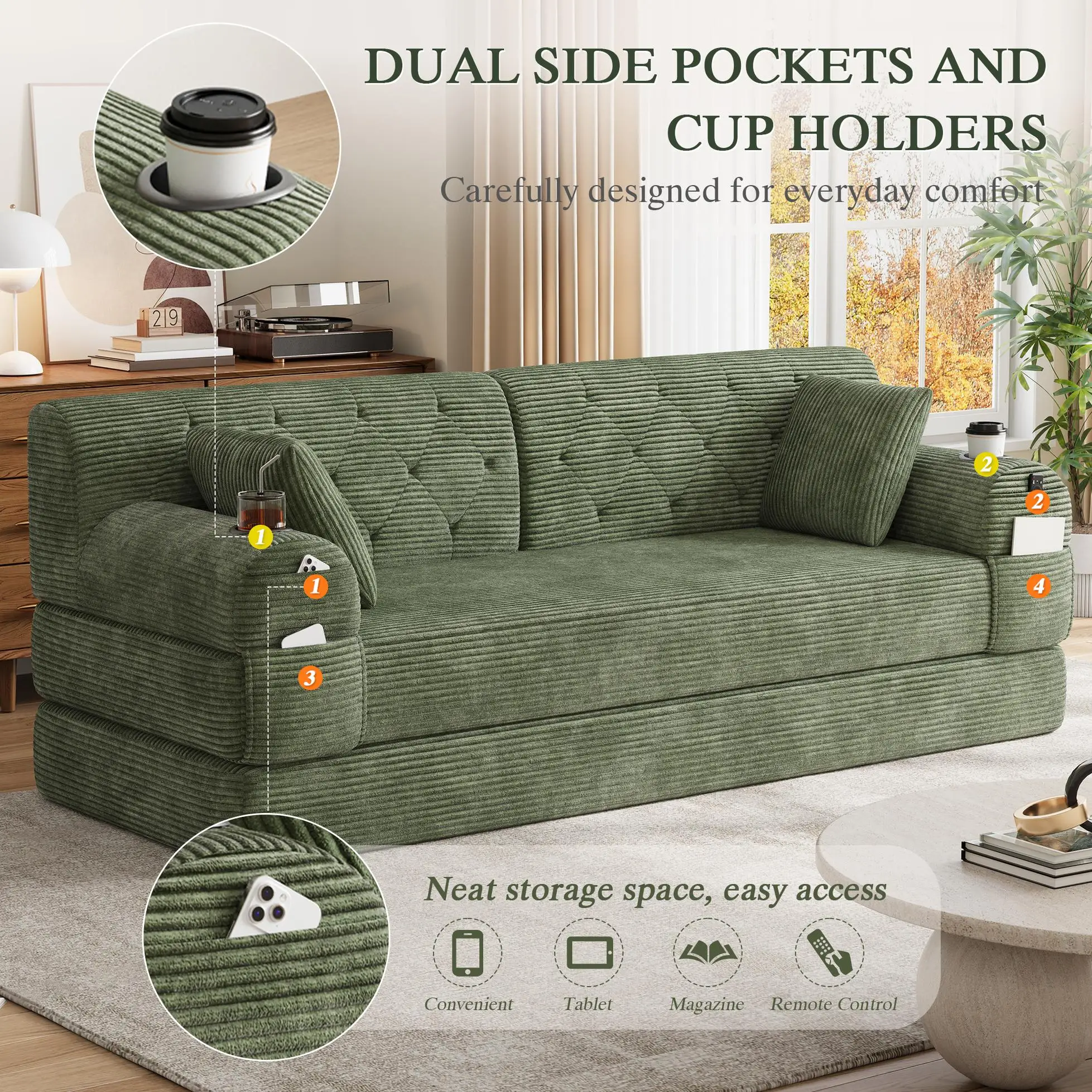 Corduroy Sofa Bed 208 x 80 x 81cm - Green - 8