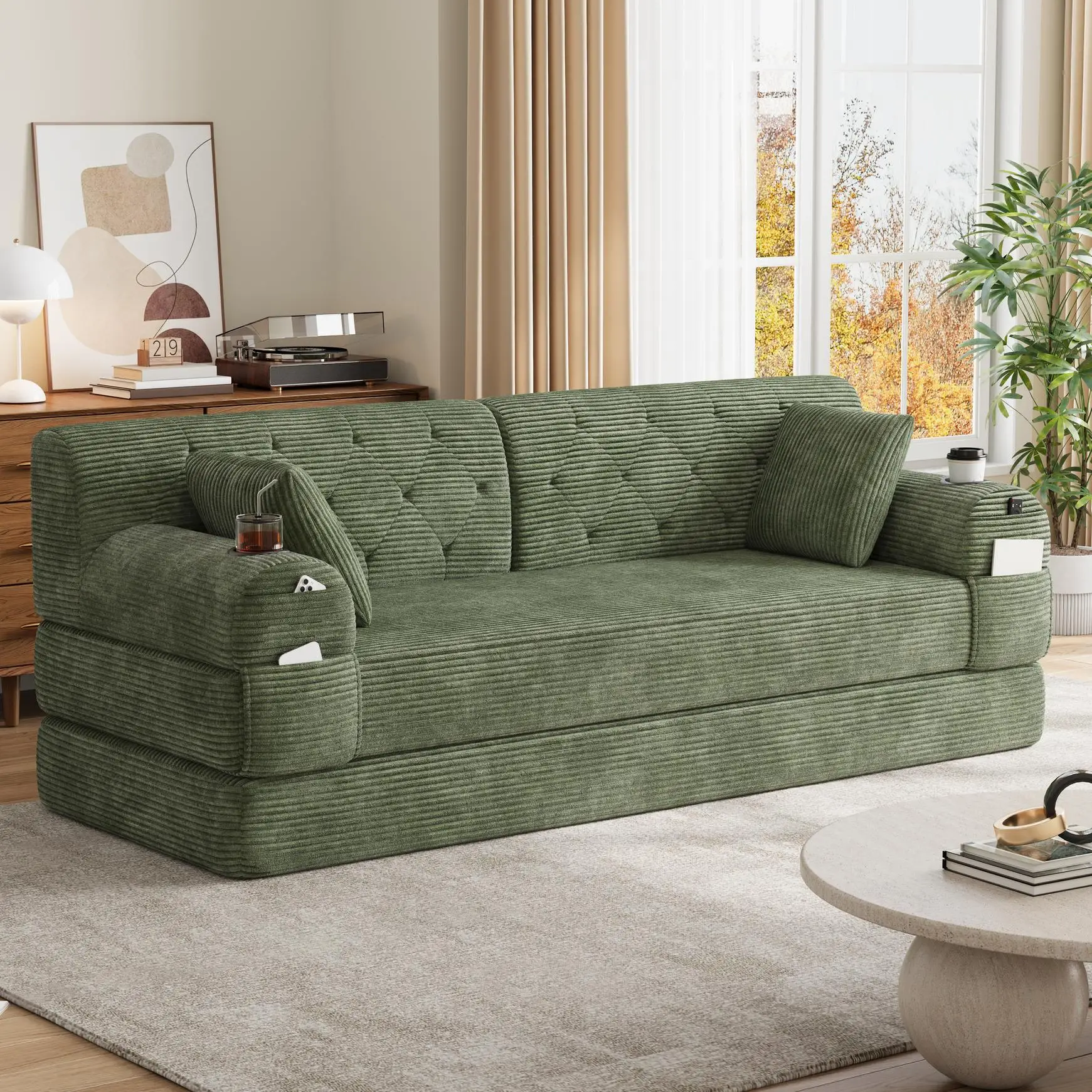 Corduroy Sofa Bed 208 x 80 x 81cm - Green - 9