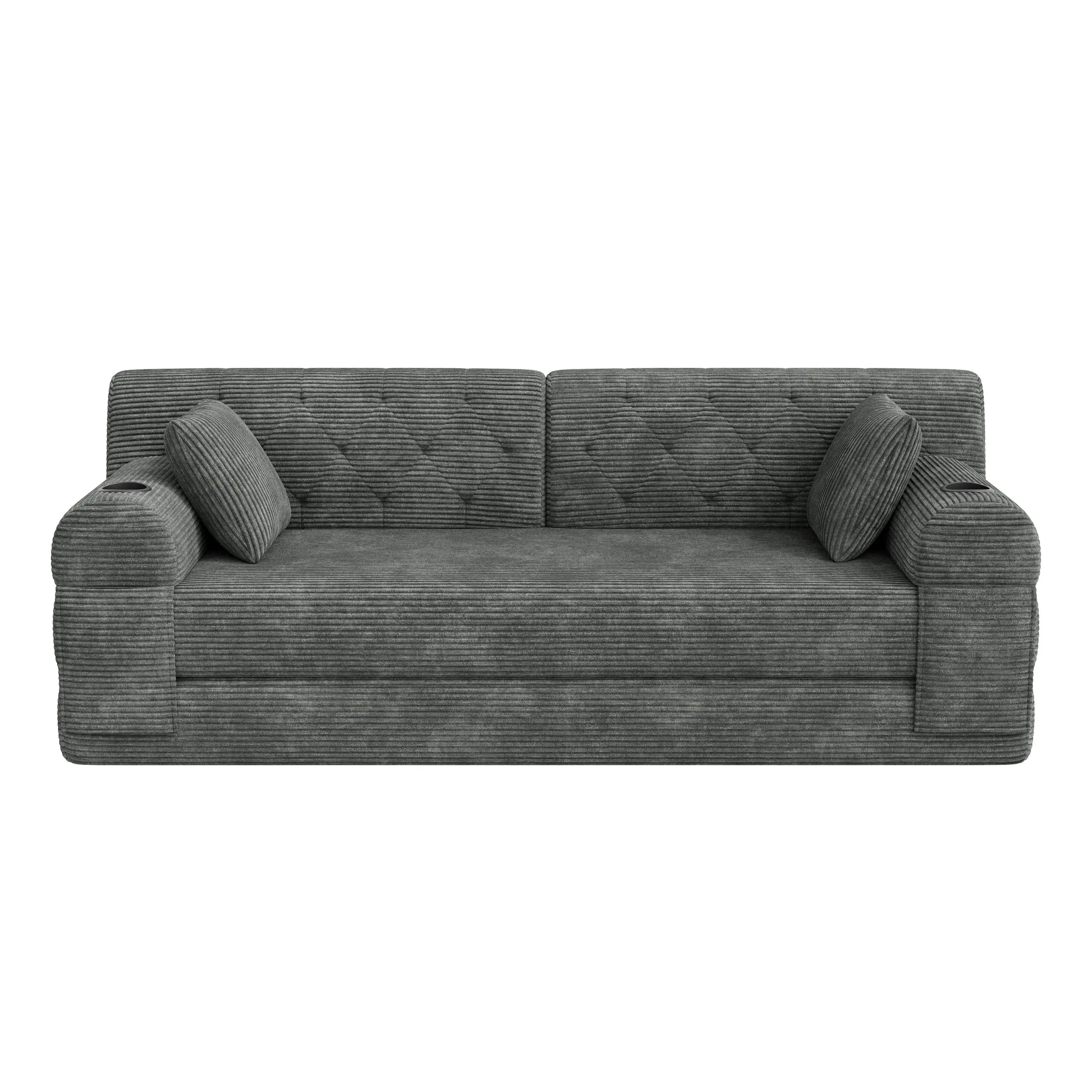 Corduroy Sofa Bed 208 x 80 x 81cm - Dark Grey - 2