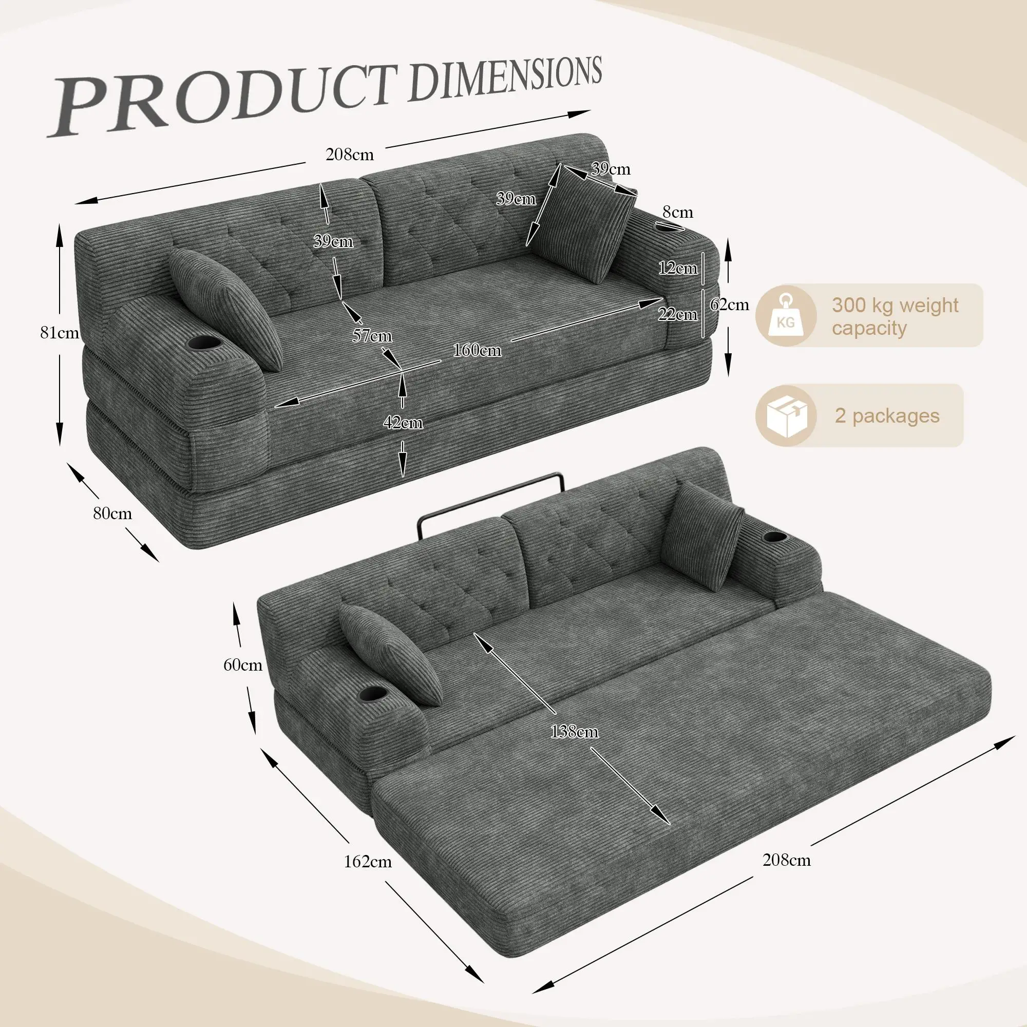 Corduroy Sofa Bed 208 x 80 x 81cm - Dark Grey - 3