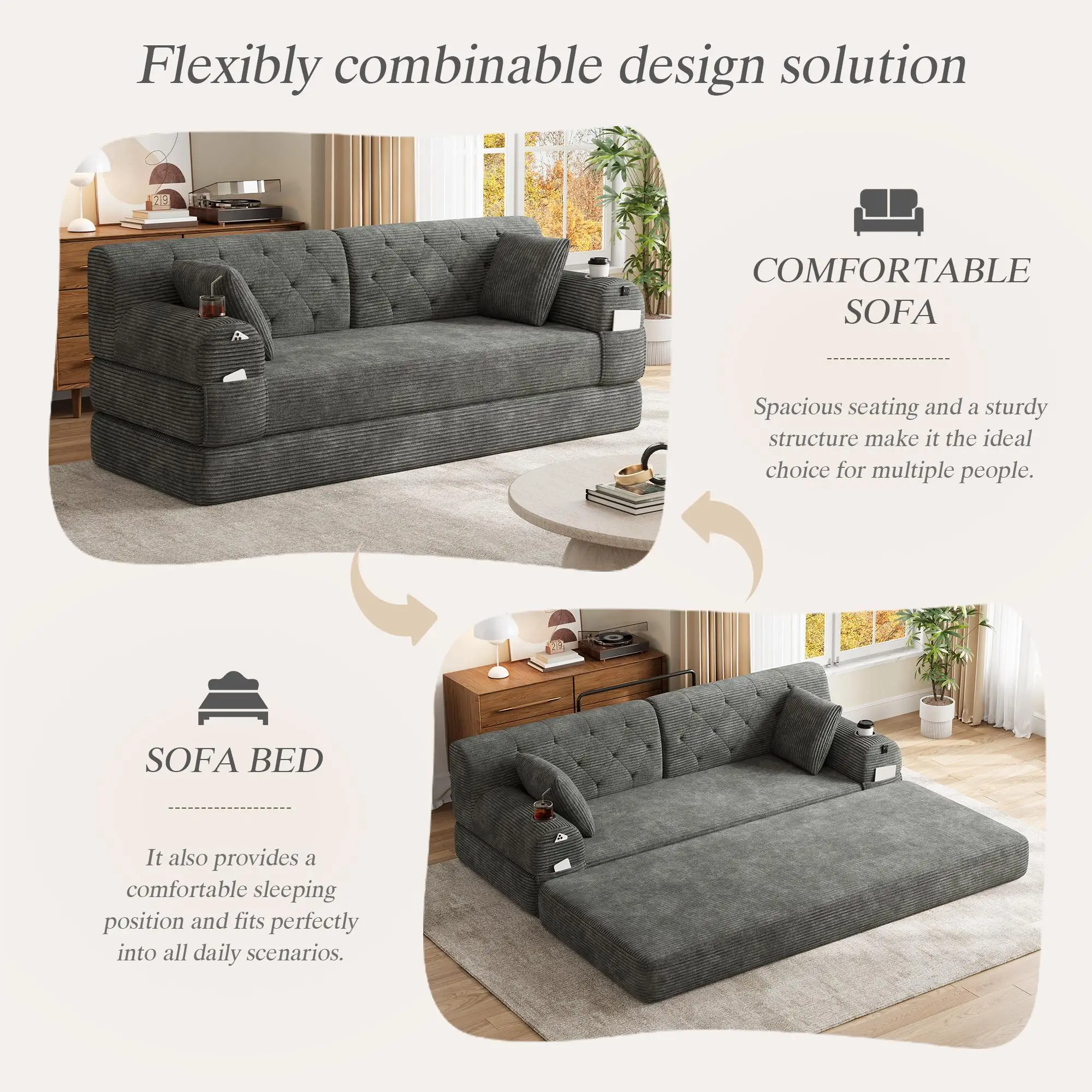 Corduroy Sofa Bed 208 x 80 x 81cm - Dark Grey - 4