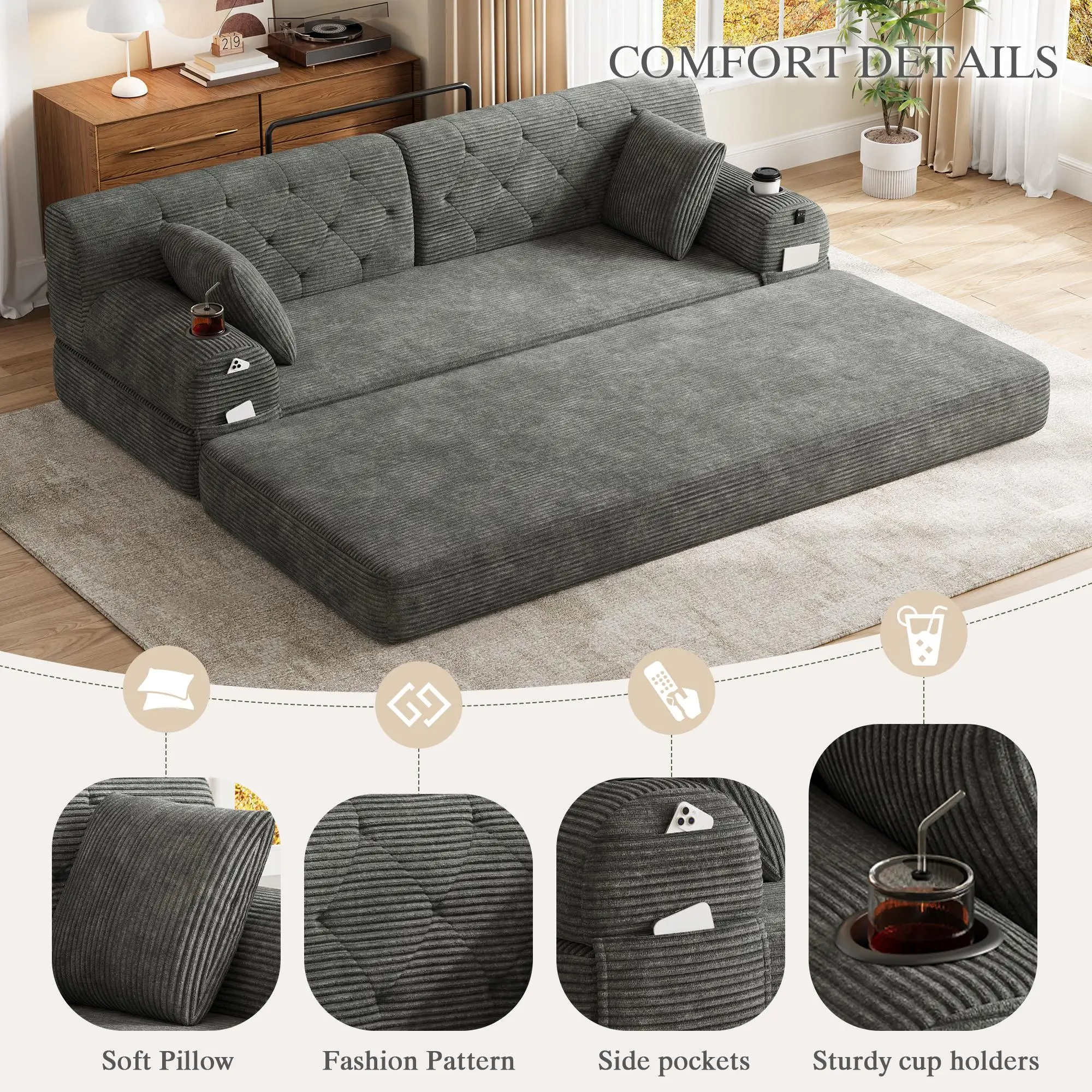 Corduroy Sofa Bed 208 x 80 x 81cm - Dark Grey - 5