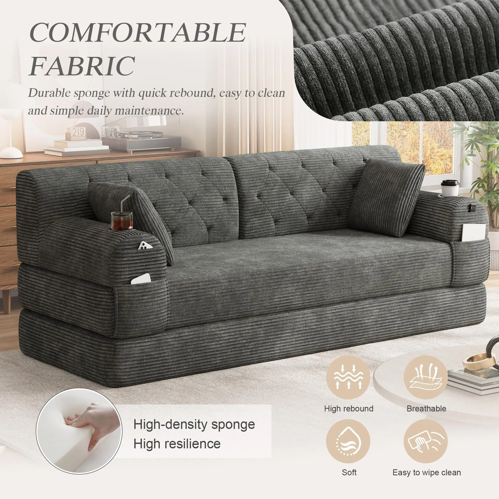 Corduroy Sofa Bed 208 x 80 x 81cm - Dark Grey - 6