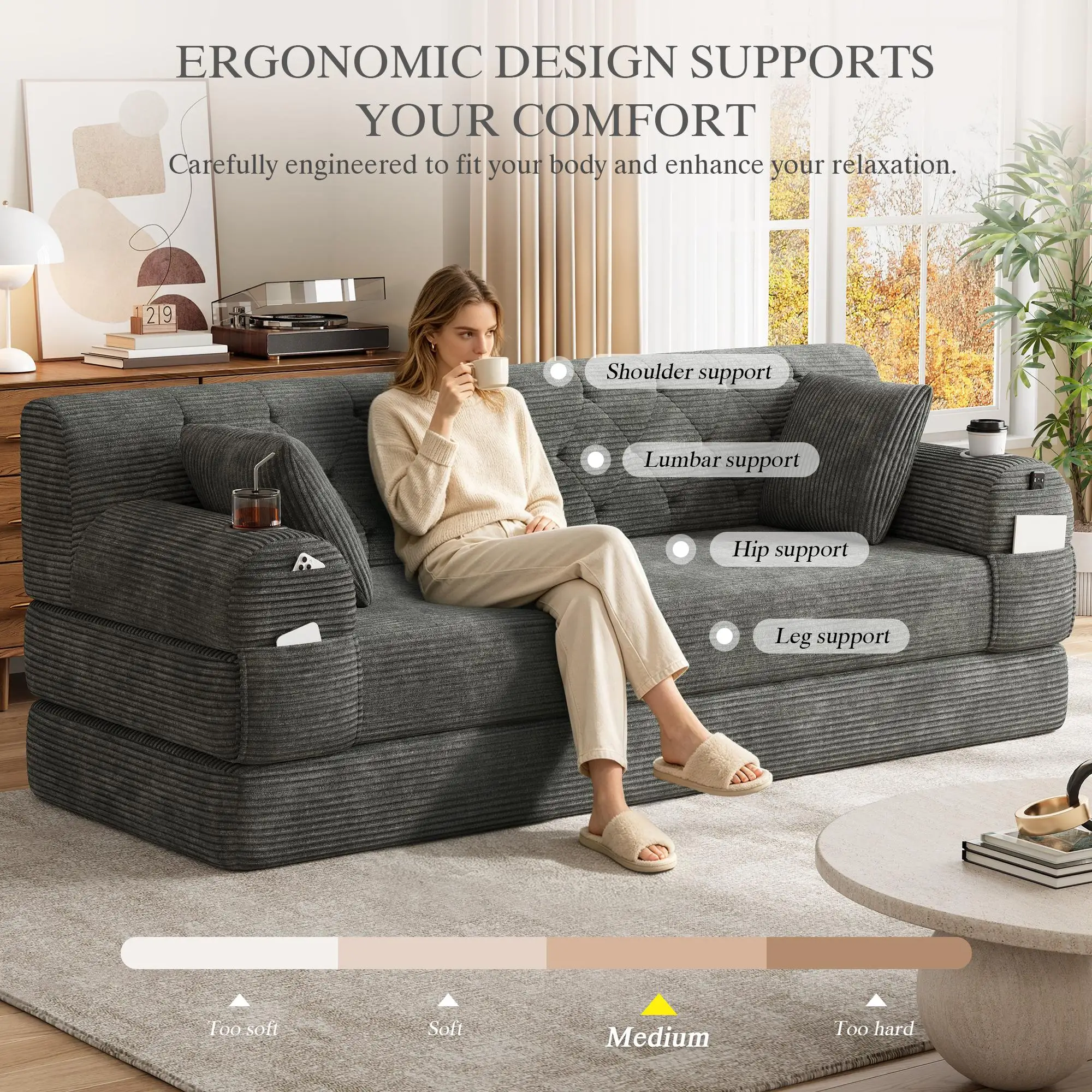 Corduroy Sofa Bed 208 x 80 x 81cm - Dark Grey - 7