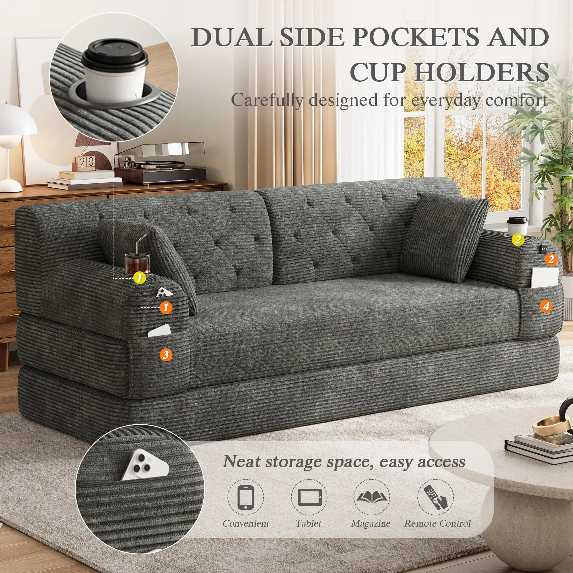 Corduroy Sofa Bed 208 x 80 x 81cm - Dark Grey - 8