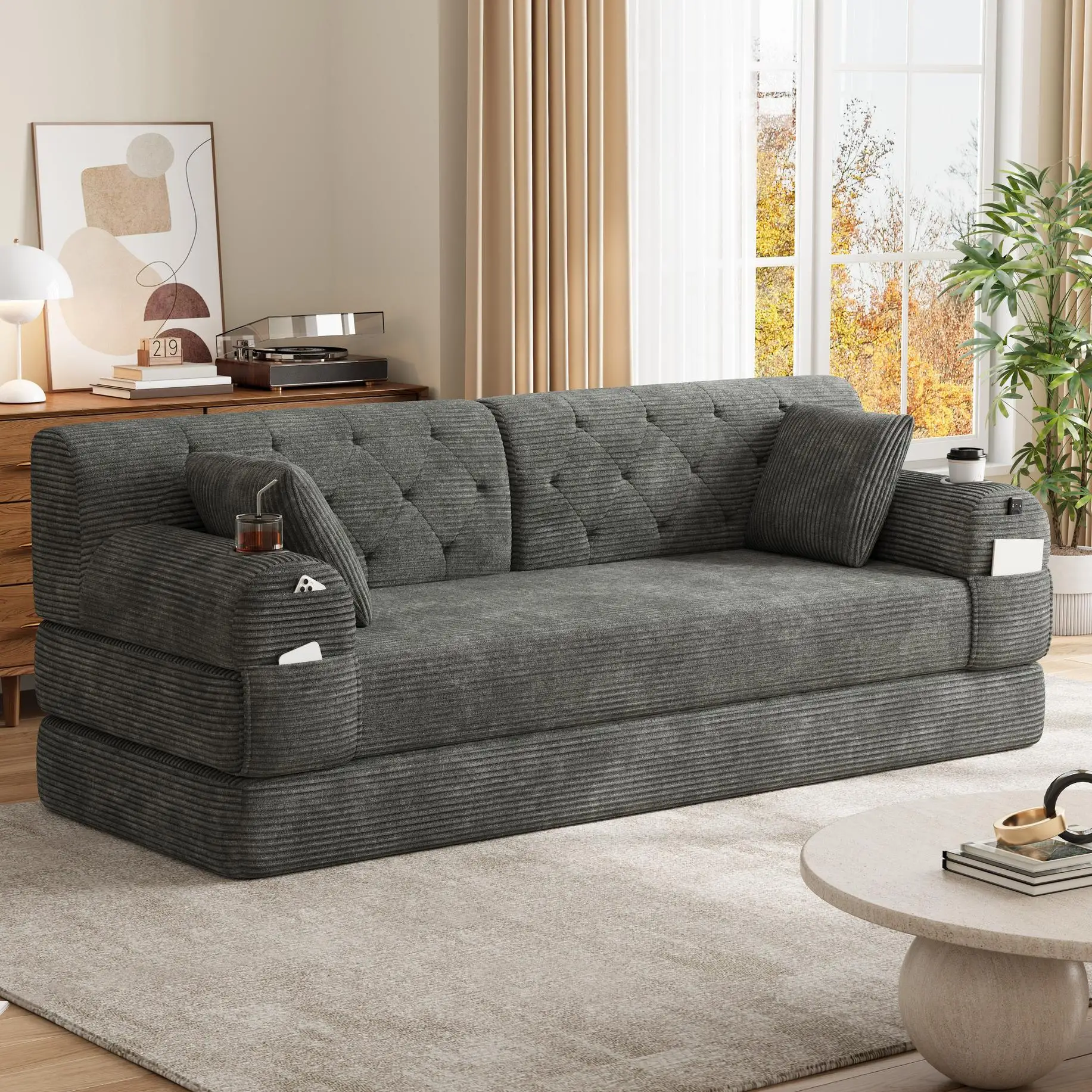 Corduroy Sofa Bed 208 x 80 x 81cm - Dark Grey - 9