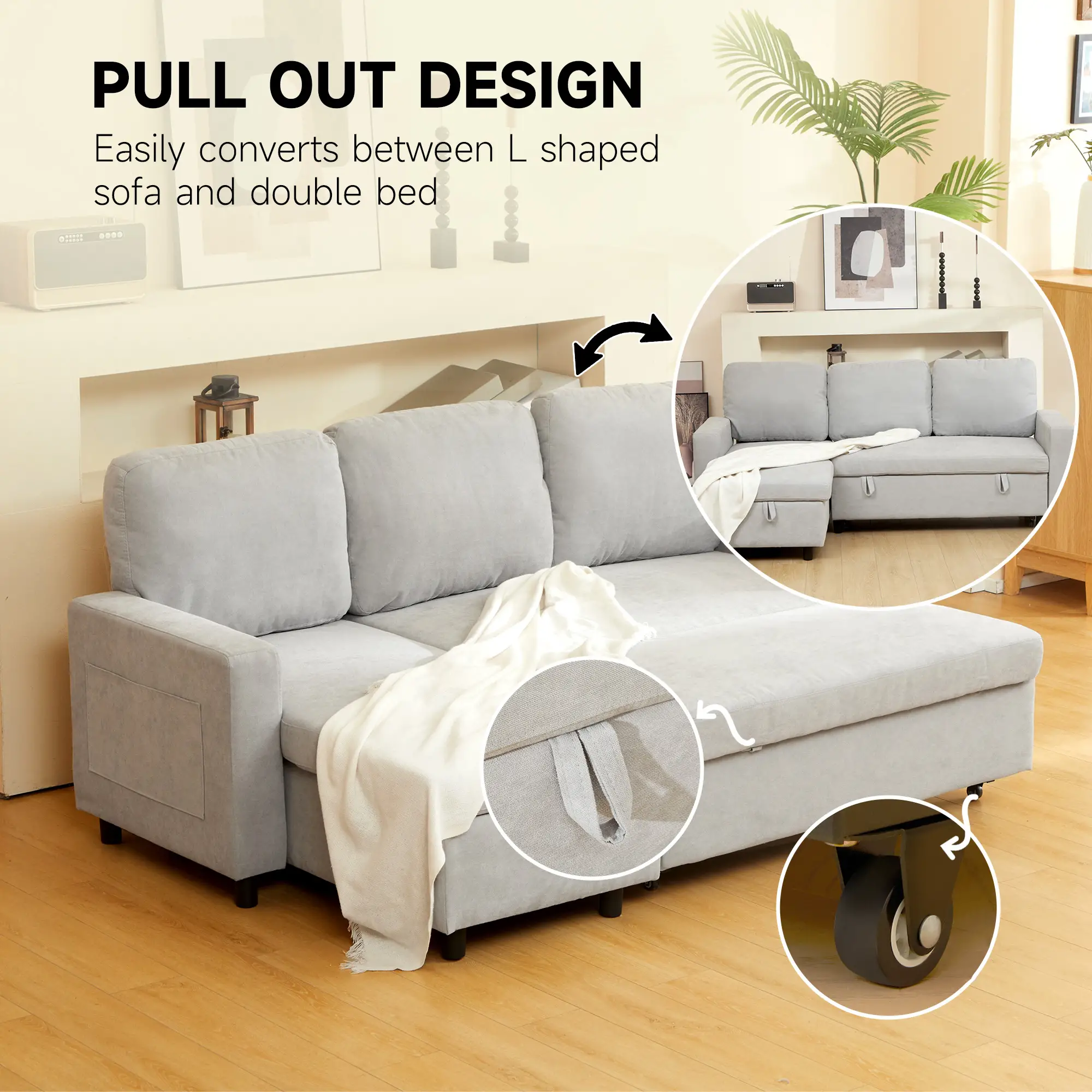 Linen Sofa Bed 200 x 126.5 x 85cm - Light Grey - 4