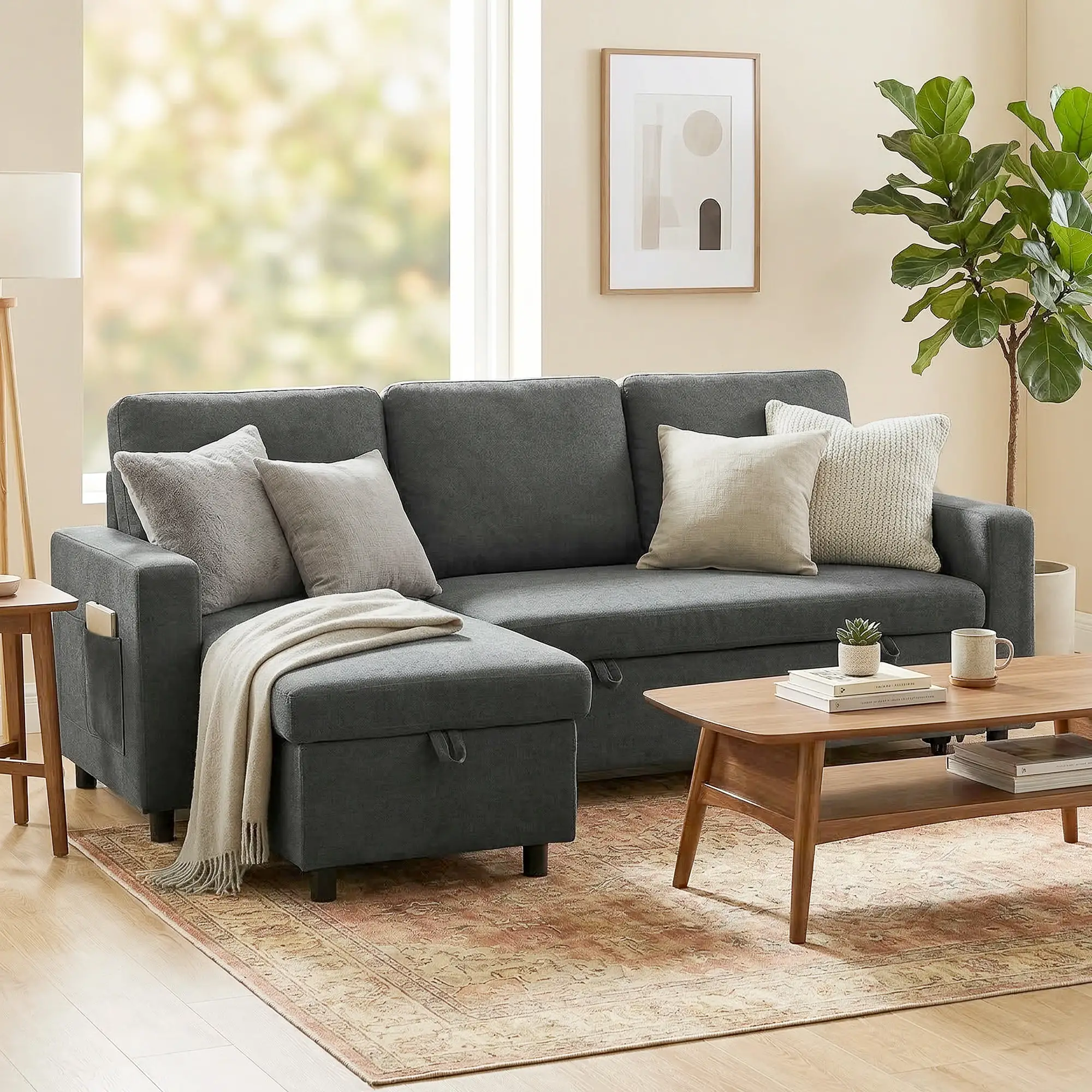 Linen Sofa Bed 200 x 126.5 x 85cm - Charcoal Grey - 2