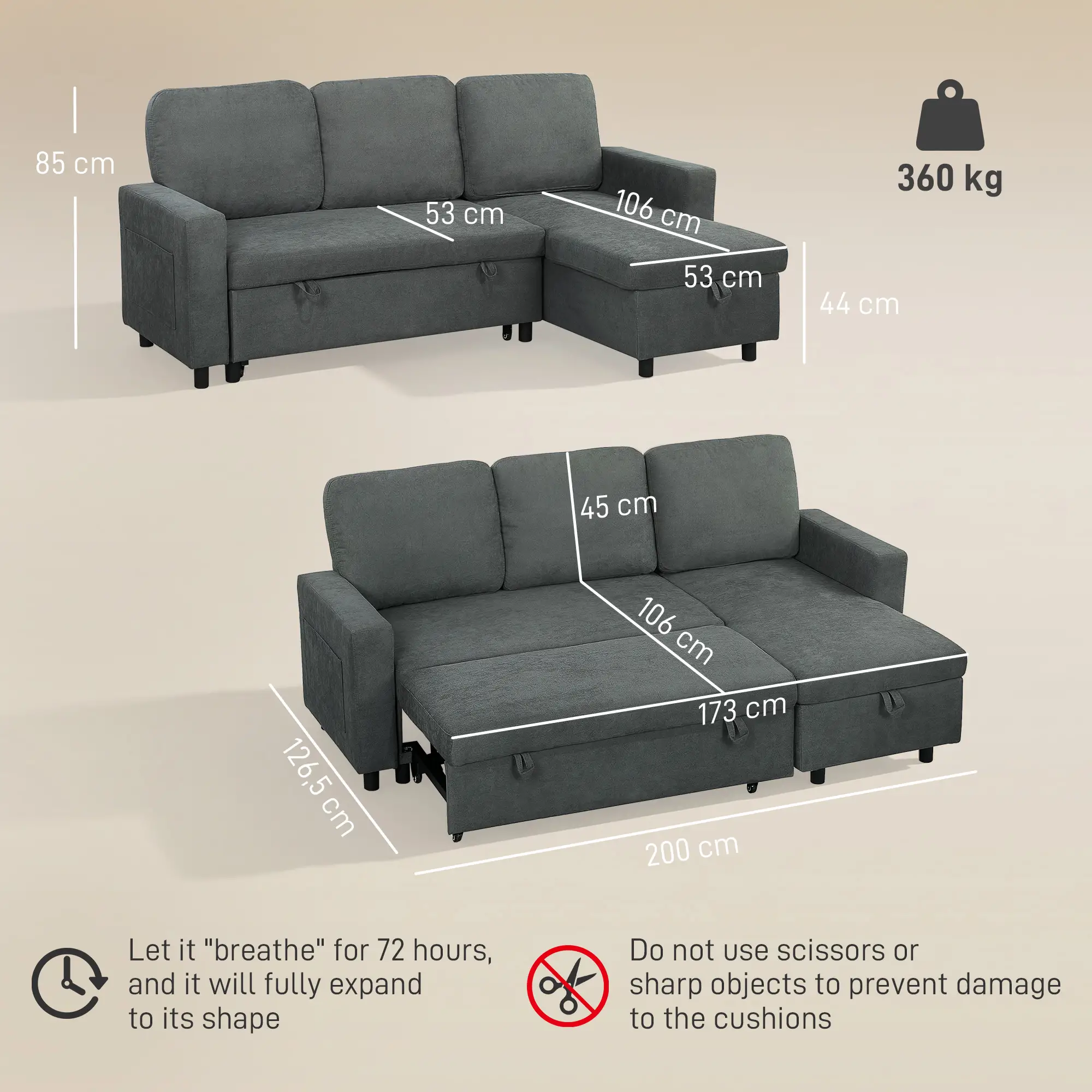 Linen Sofa Bed 200 x 126.5 x 85cm - Charcoal Grey - 3