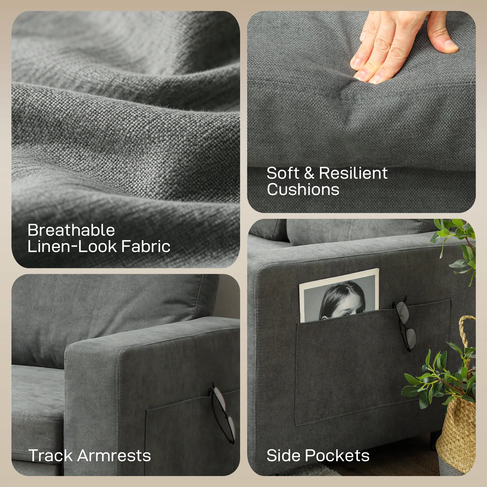 Linen Sofa Bed 200 x 126.5 x 85cm - Charcoal Grey - 7