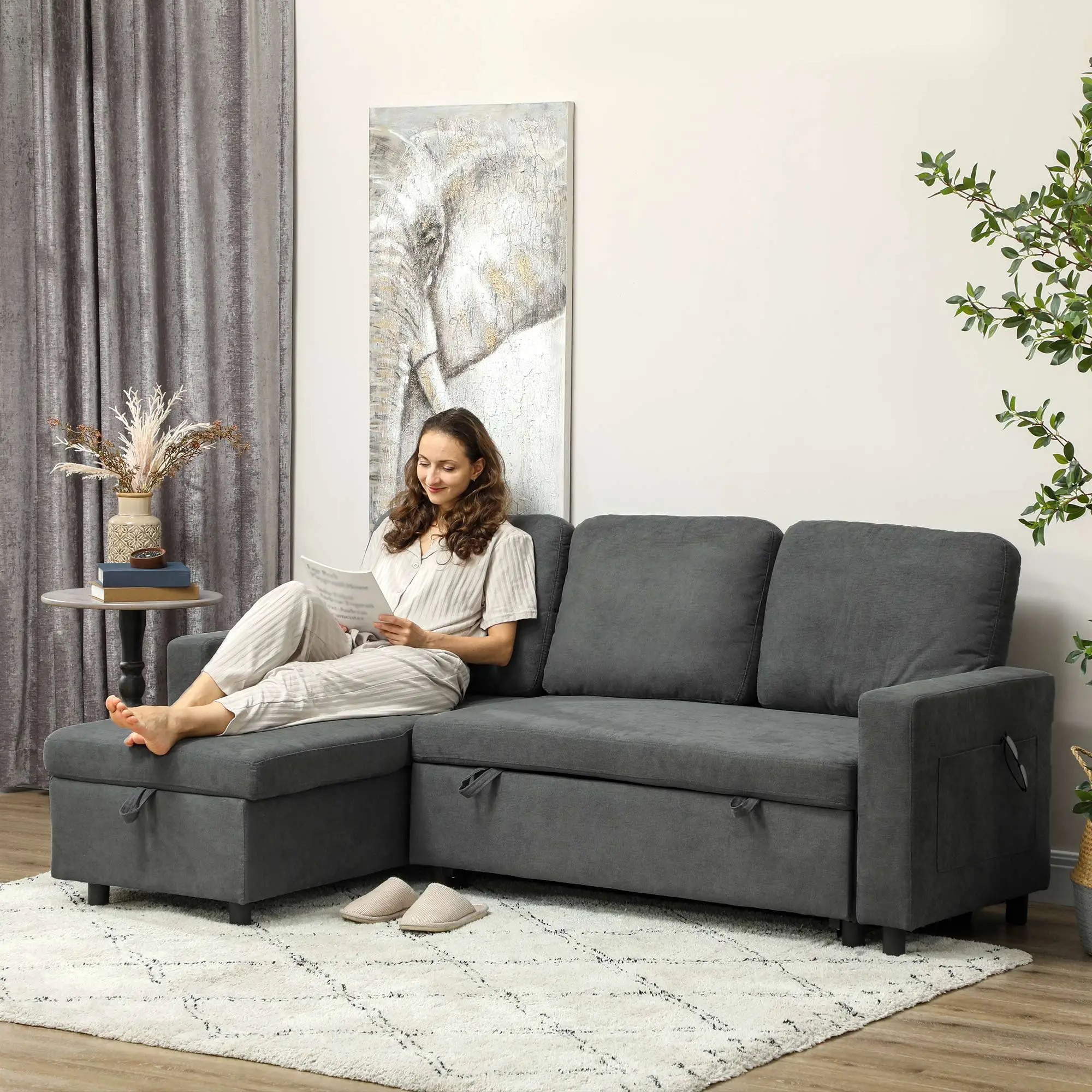 Linen Sofa Bed 200 x 126.5 x 85cm - Charcoal Grey - 8