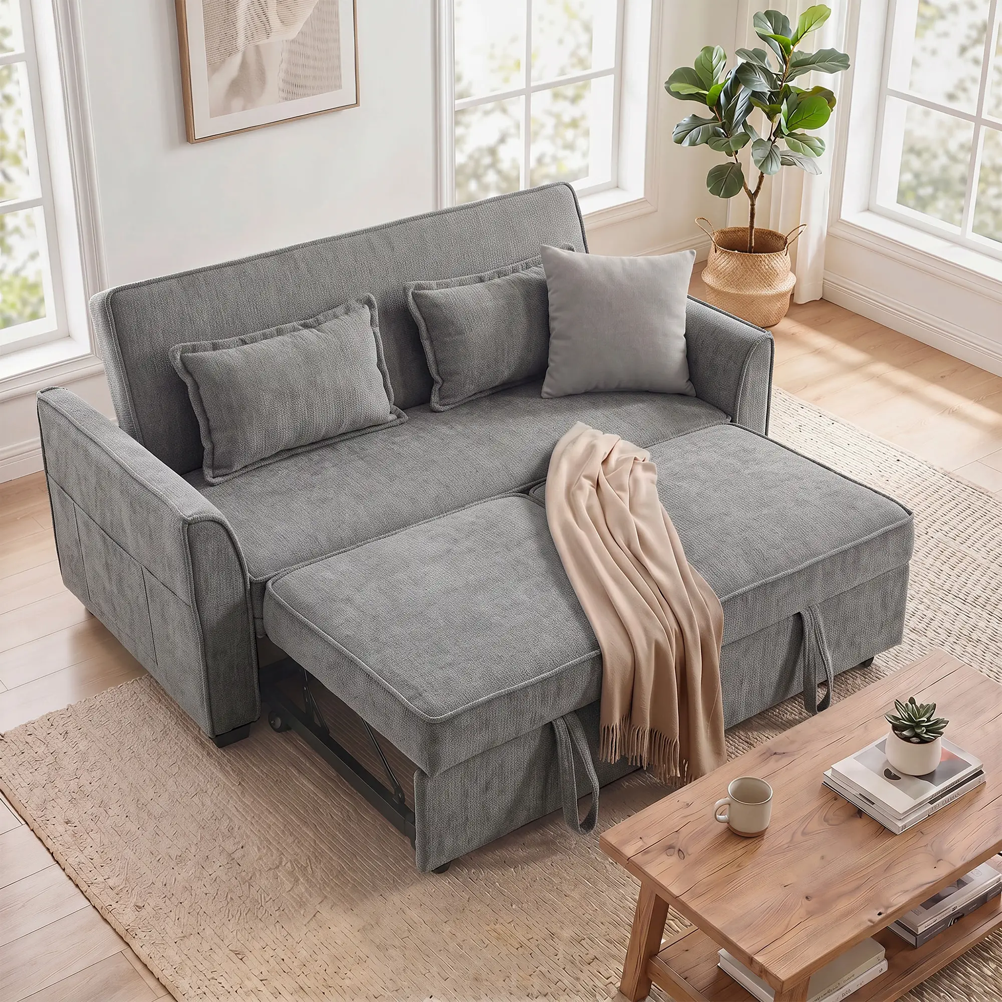 Corner 2 Seater Chenille Sofa Bed 167 x 89 x 85cm - Grey - 2