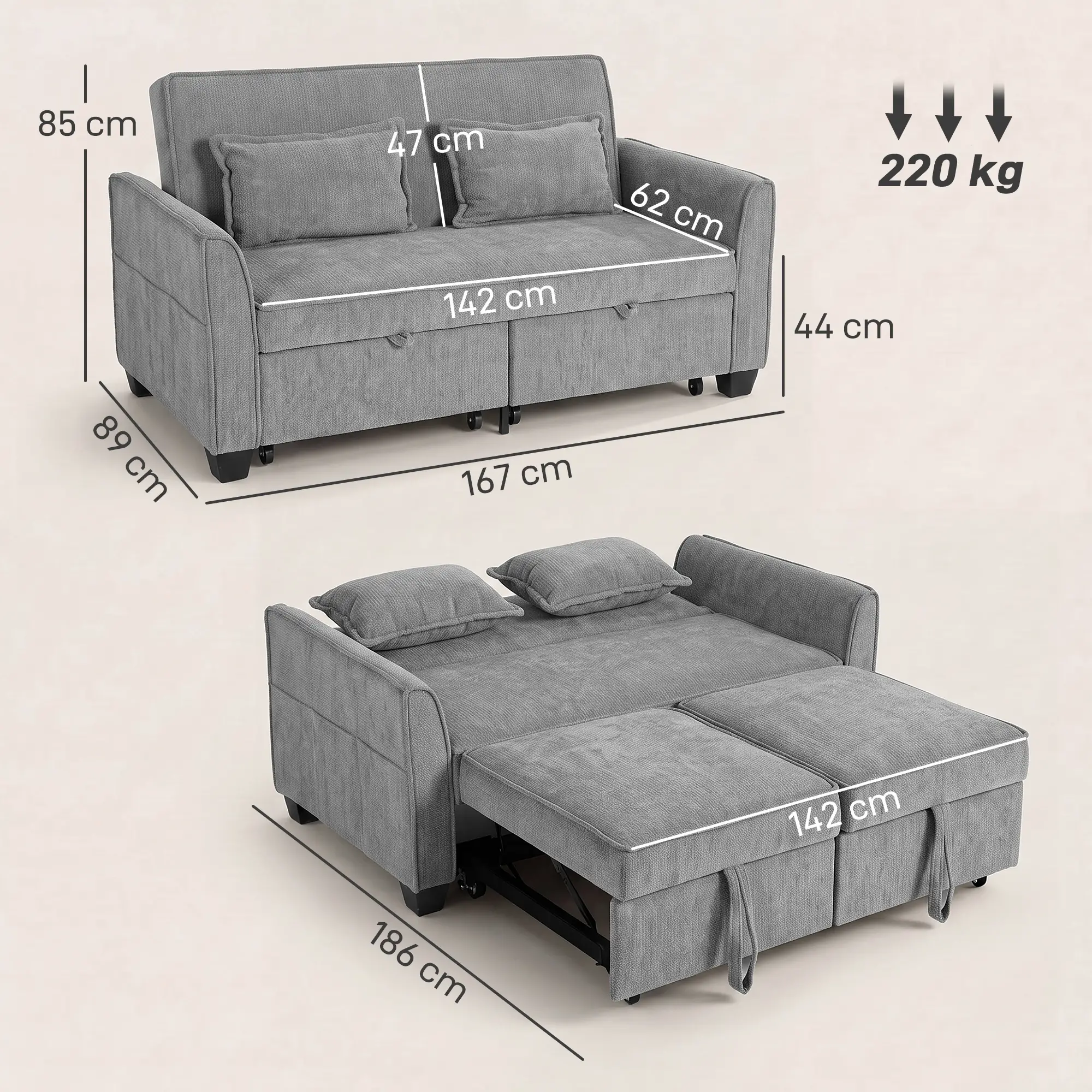 Corner 2 Seater Chenille Sofa Bed 167 x 89 x 85cm - Grey - 3