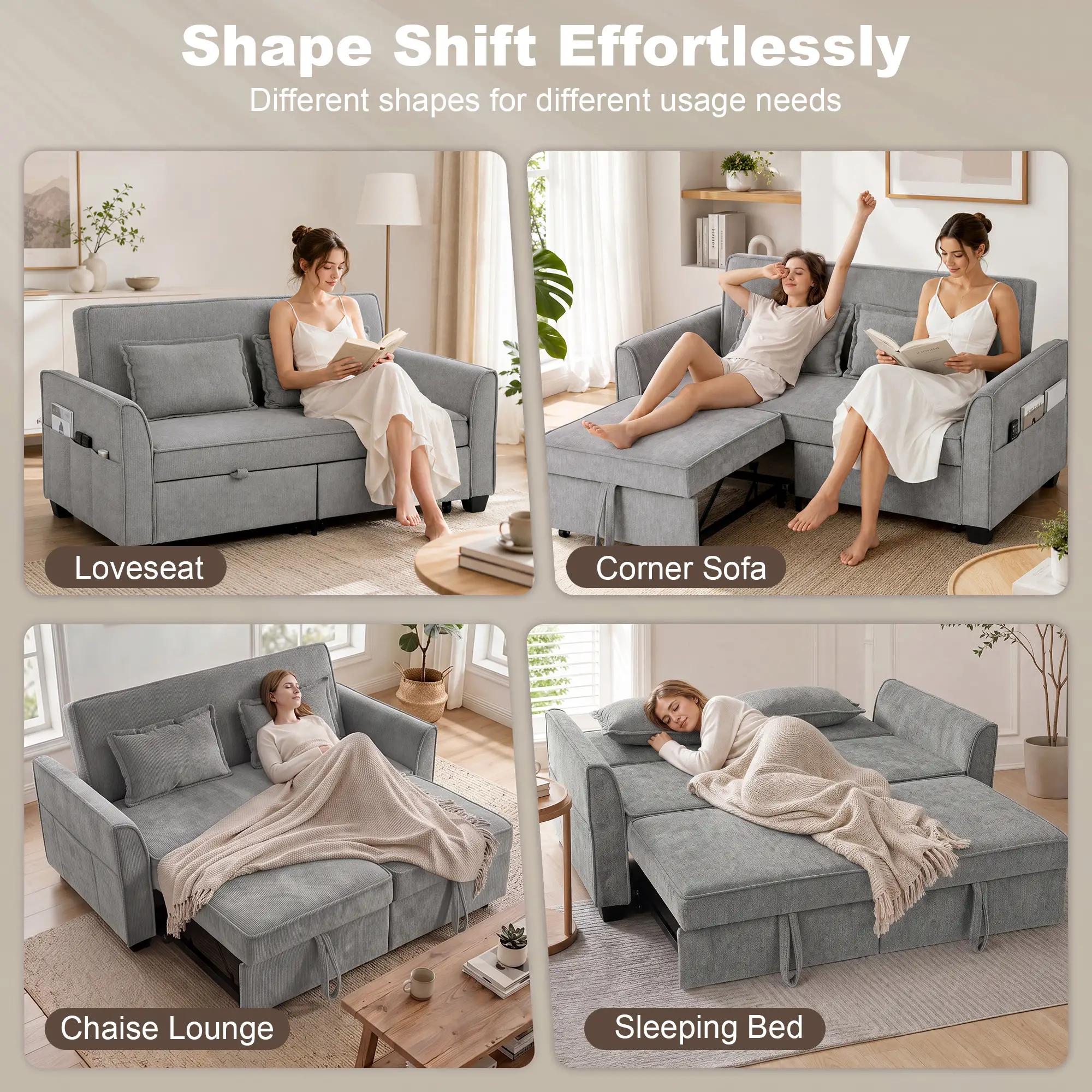 Corner 2 Seater Chenille Sofa Bed 167 x 89 x 85cm - Grey - 4