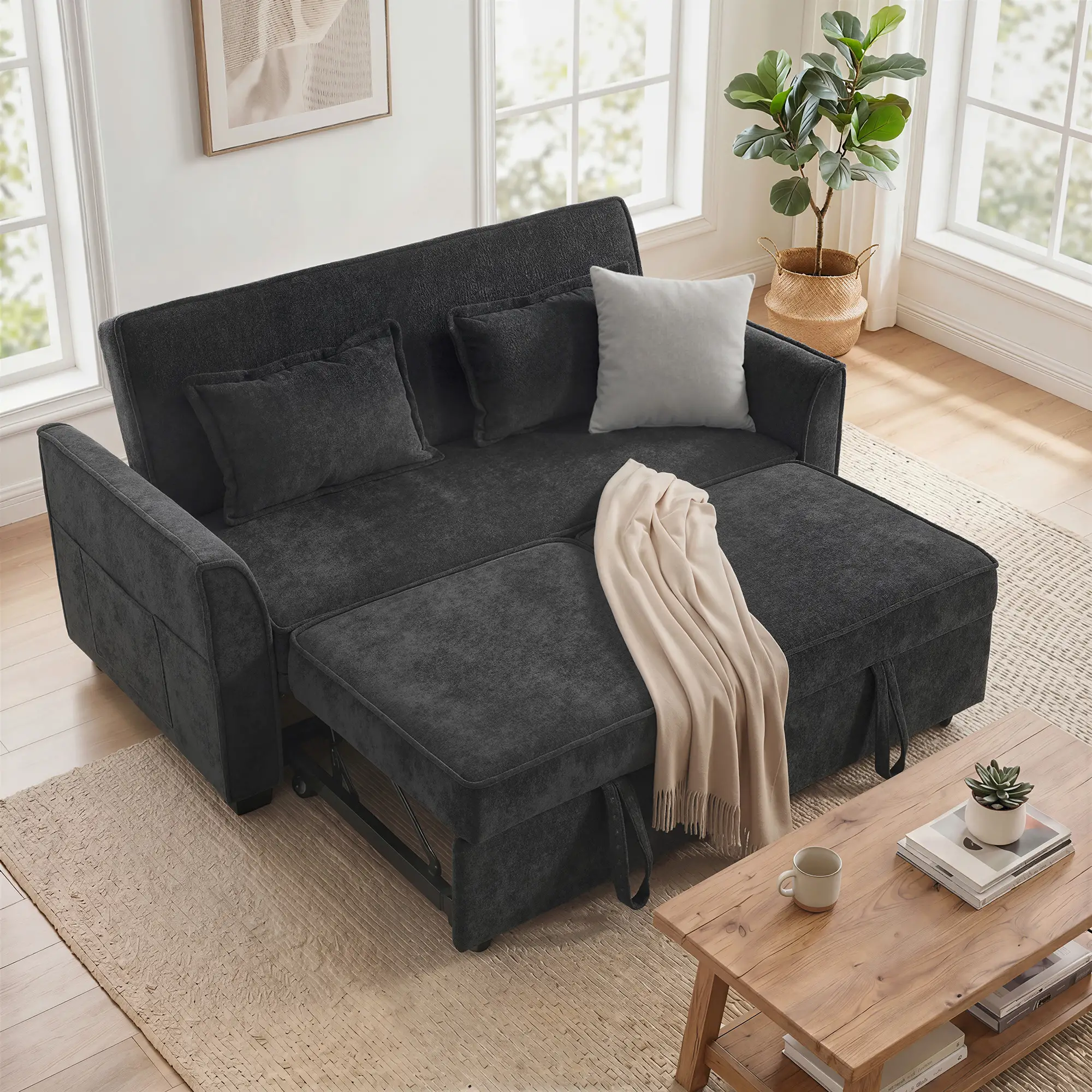 Corner 2 Seater Chenille Sofa Bed 167 x 89 x 85cm - Black - 2