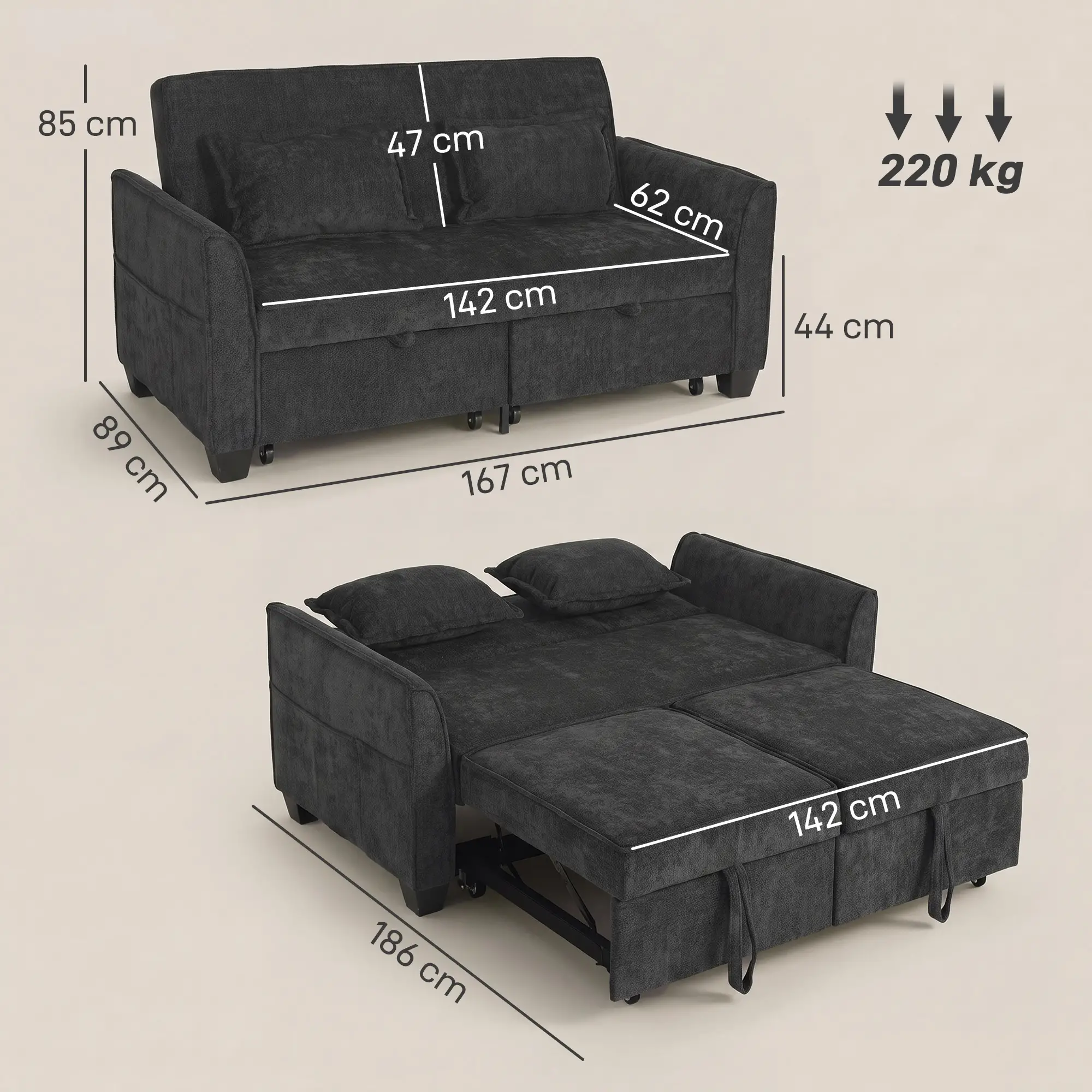 Corner 2 Seater Chenille Sofa Bed 167 x 89 x 85cm - Black - 3