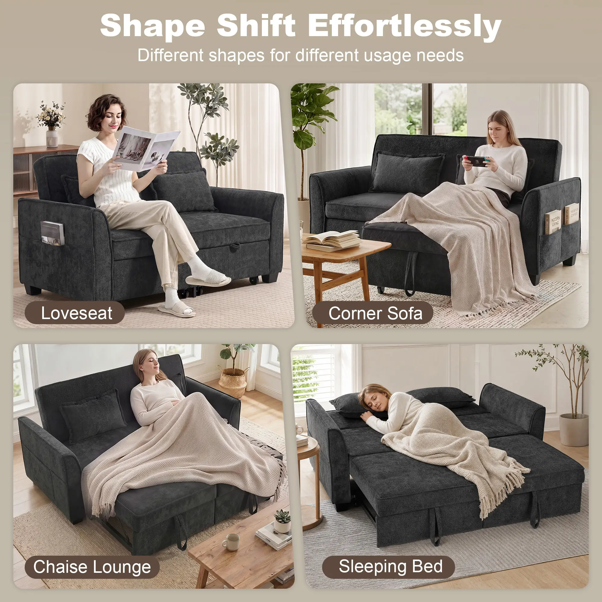 Corner 2 Seater Chenille Sofa Bed 167 x 89 x 85cm - Black - 4
