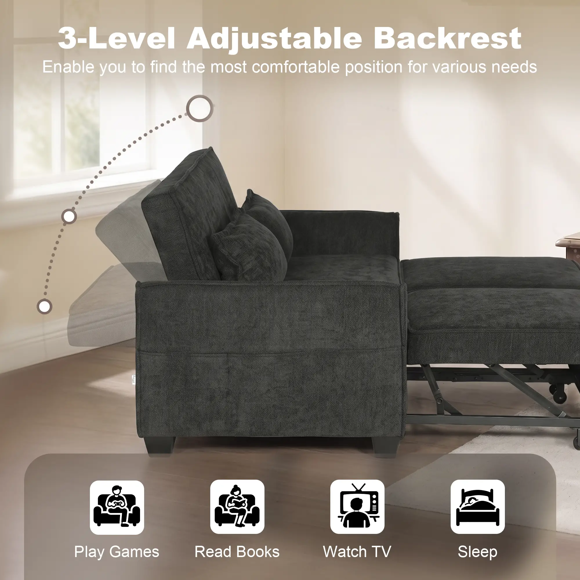 Corner 2 Seater Chenille Sofa Bed 167 x 89 x 85cm - Black - 5