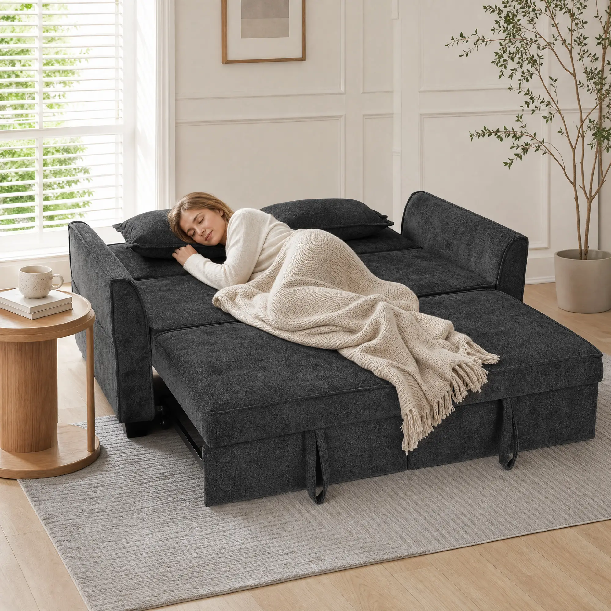 Corner 2 Seater Chenille Sofa Bed 167 x 89 x 85cm - Black - 8