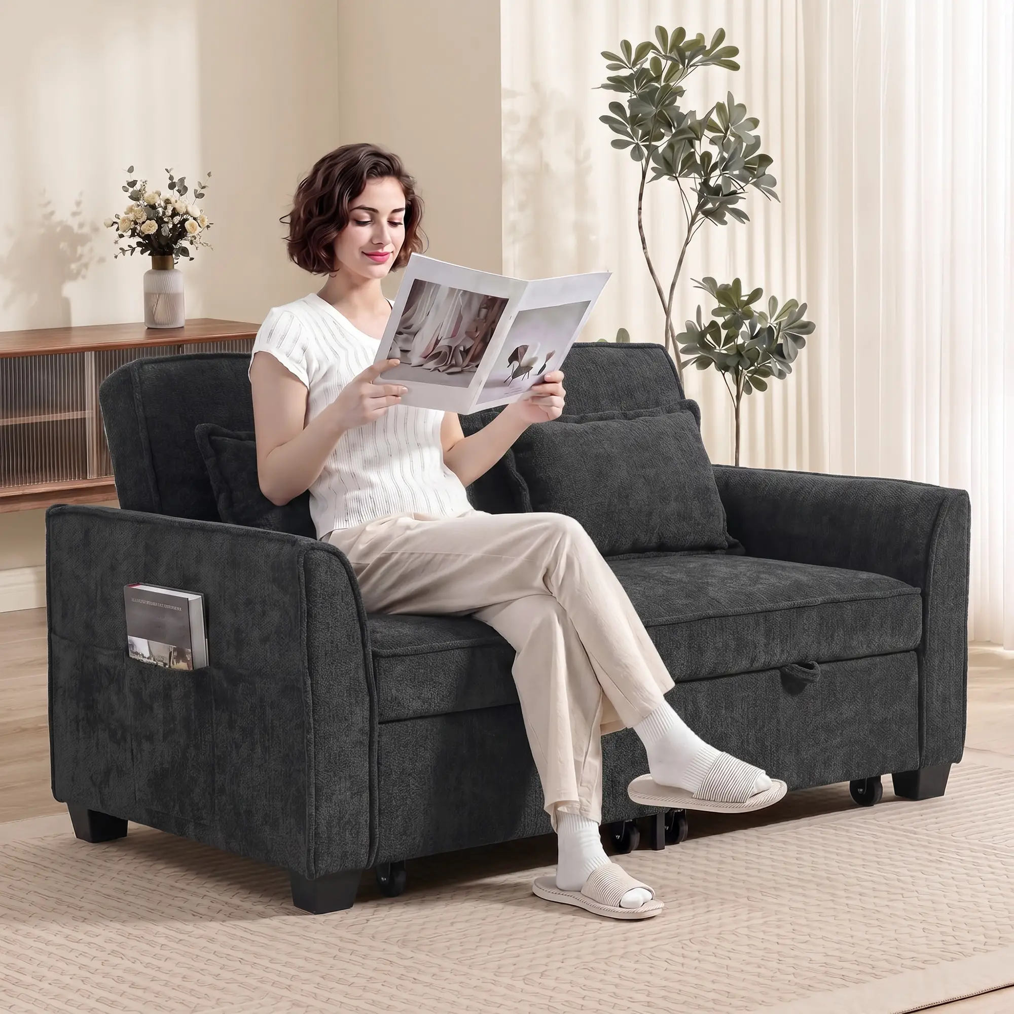 Corner 2 Seater Chenille Sofa Bed 167 x 89 x 85cm - Black - 14