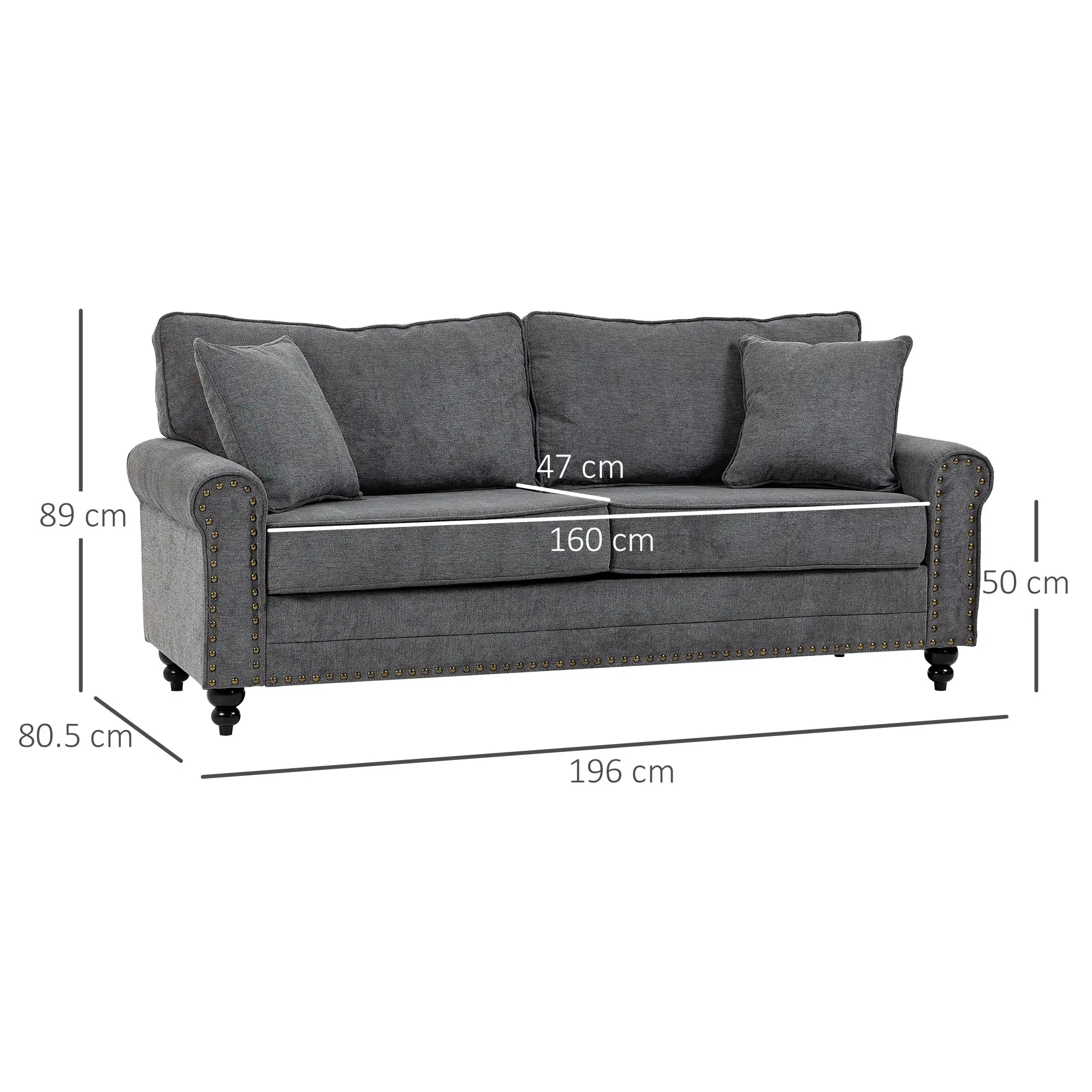 3 Seater Sofa 196 x 80.5 x 89cm - Grey - 3