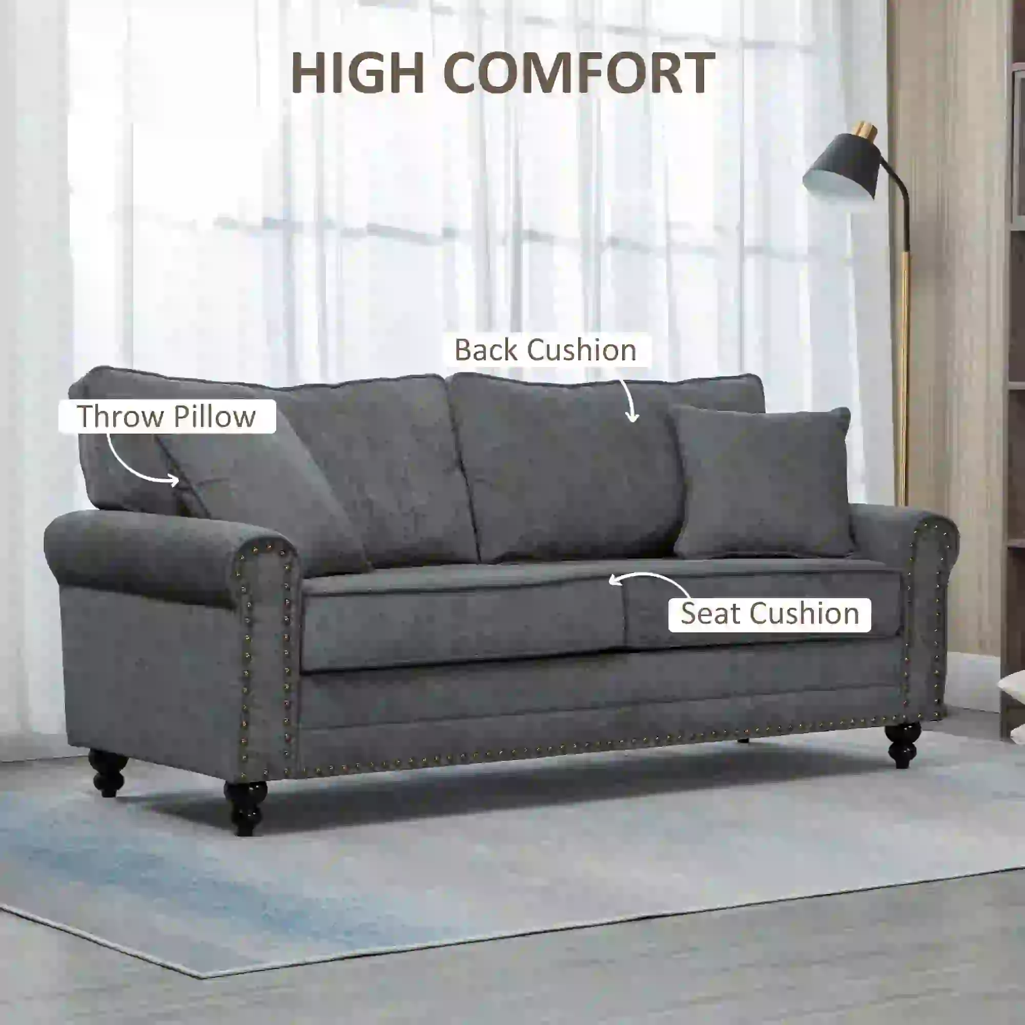 3 Seater Sofa 196 x 80.5 x 89cm - Grey - 4