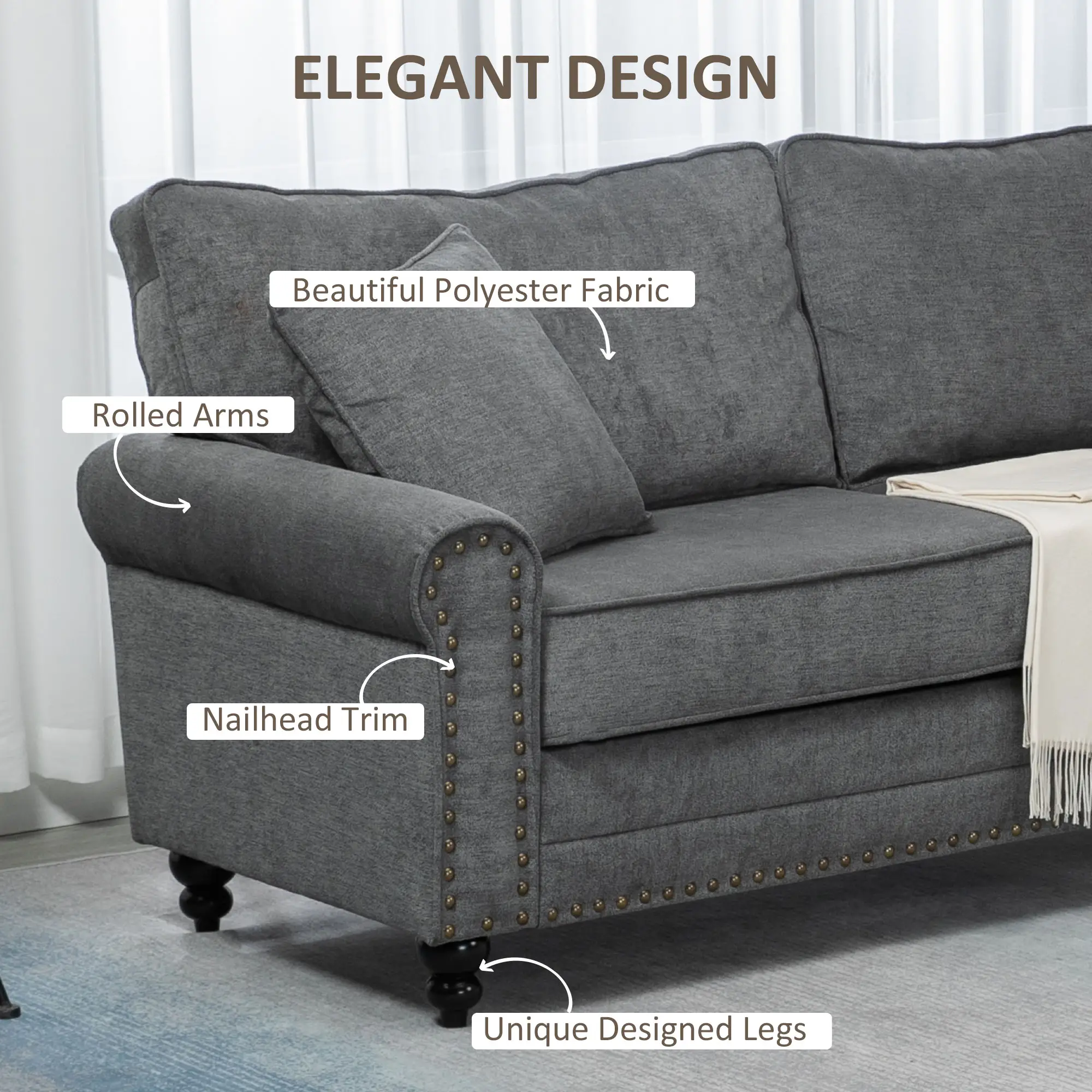 3 Seater Sofa 196 x 80.5 x 89cm - Grey - 5