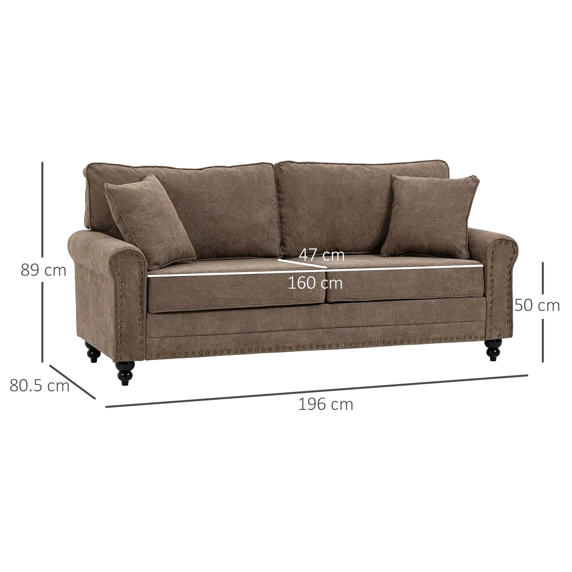 3 Seater Sofa 196 x 80.5 x 89cm - Brown - 3