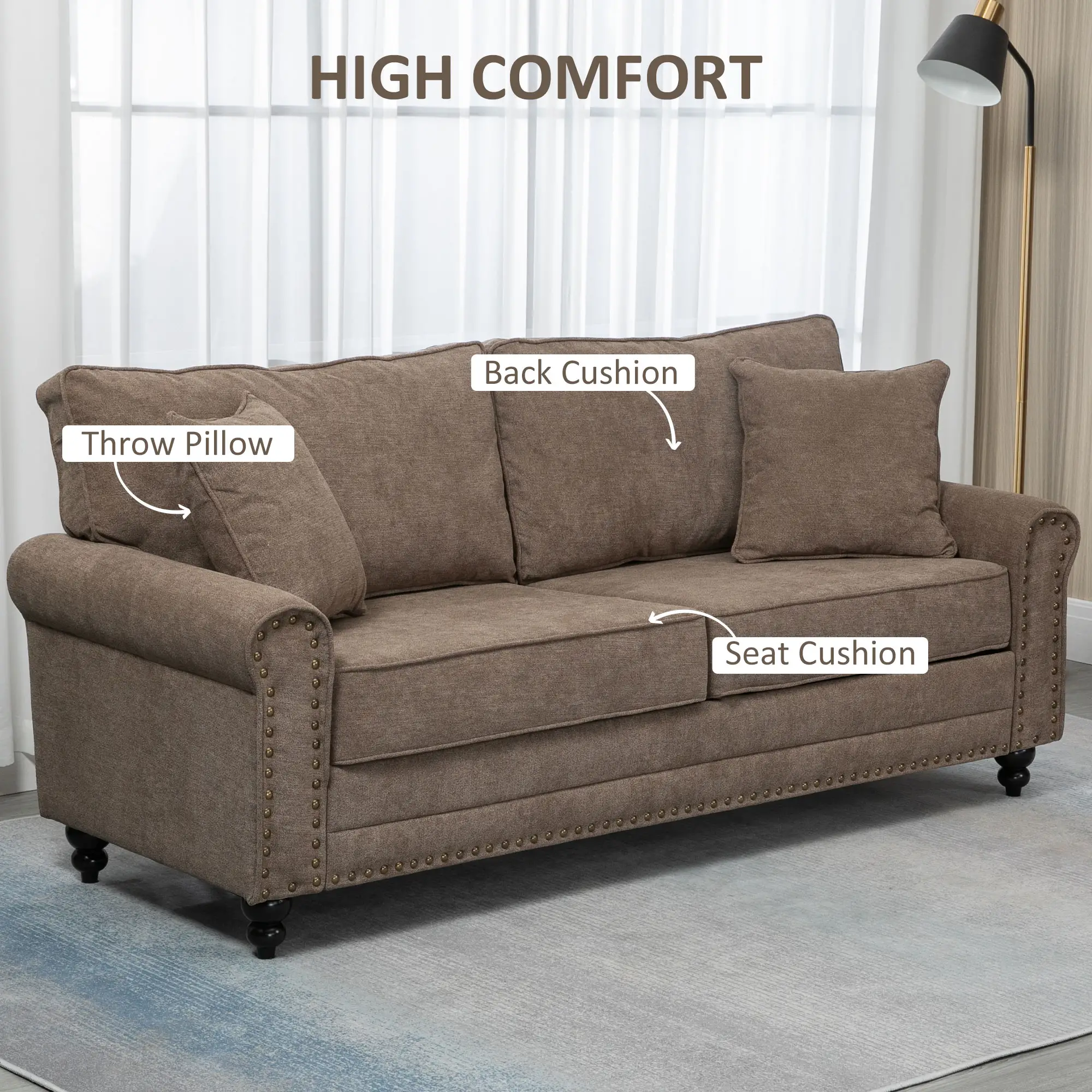 3 Seater Sofa 196 x 80.5 x 89cm - Brown - 4