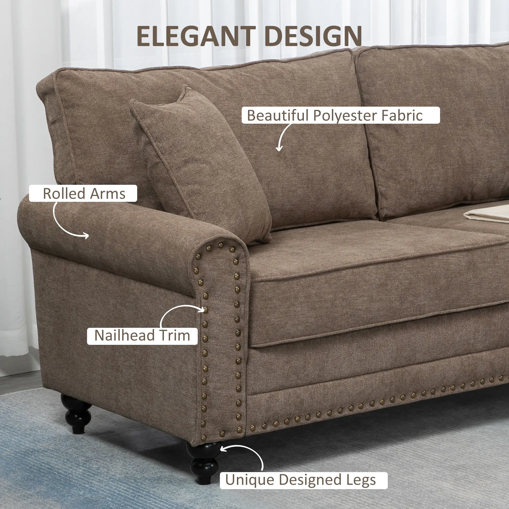 3 Seater Sofa 196 x 80.5 x 89cm - Brown - 5