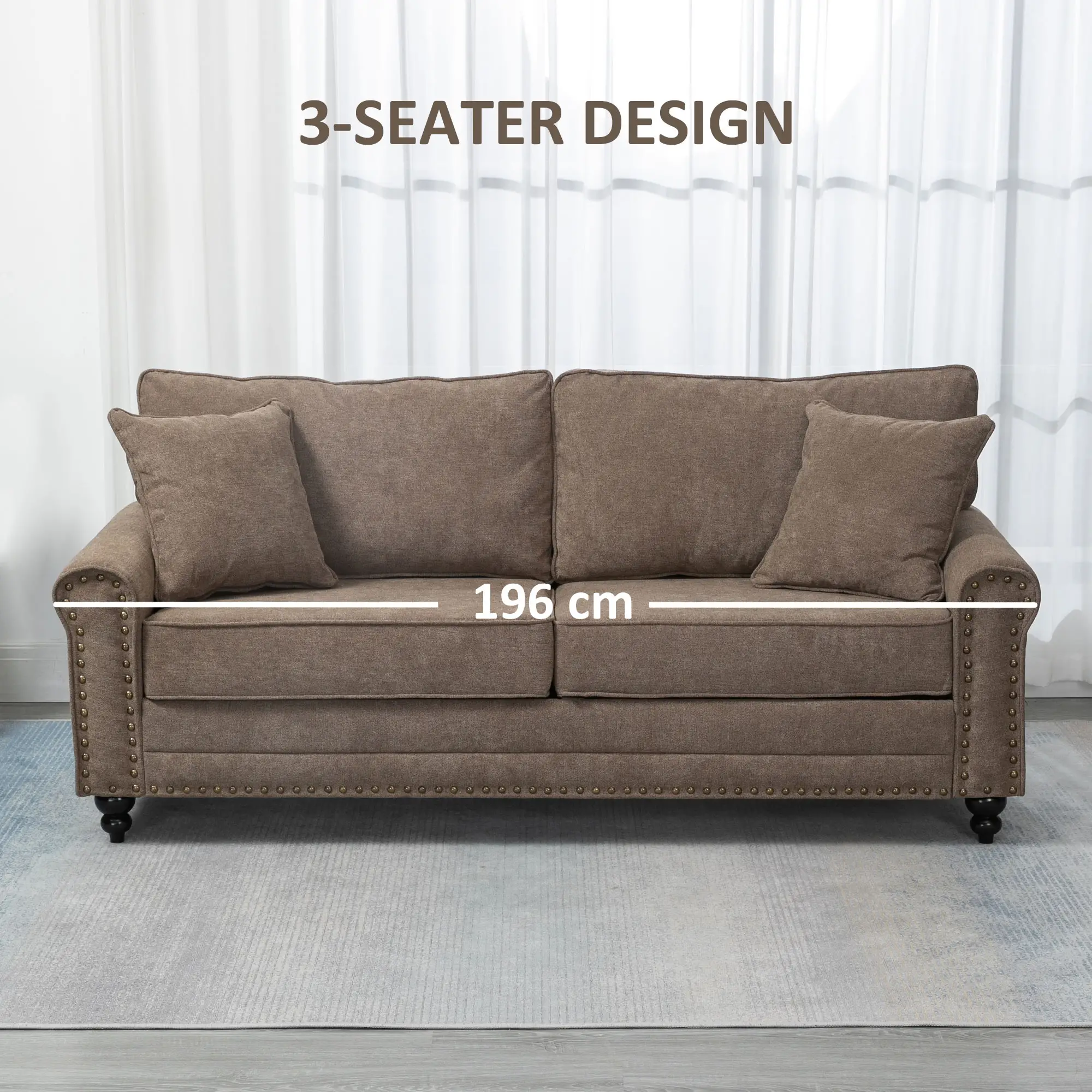 3 Seater Sofa 196 x 80.5 x 89cm - Brown - 6