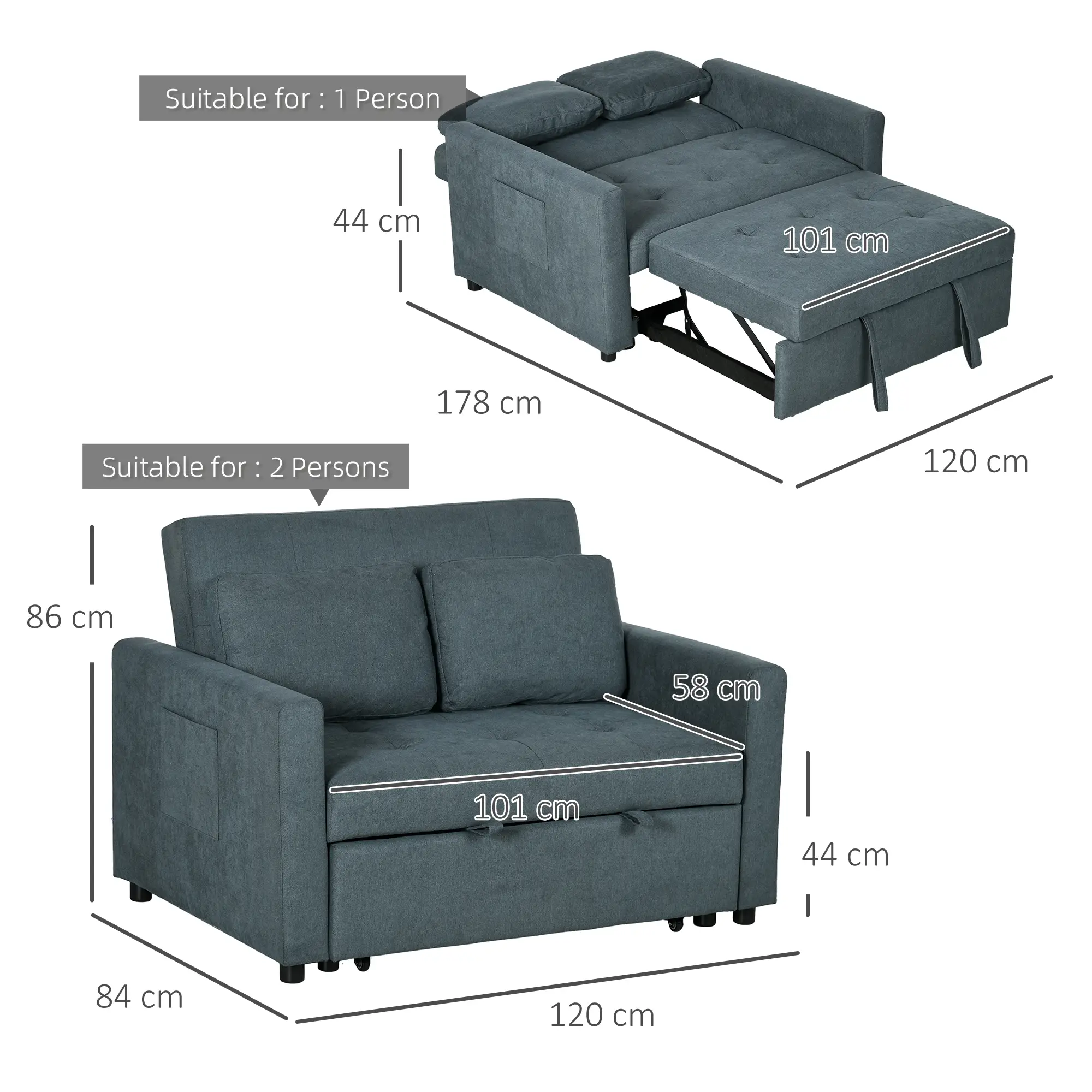 Sofa Bed 120 x 84 x 86cm - Charcoal Grey - 3