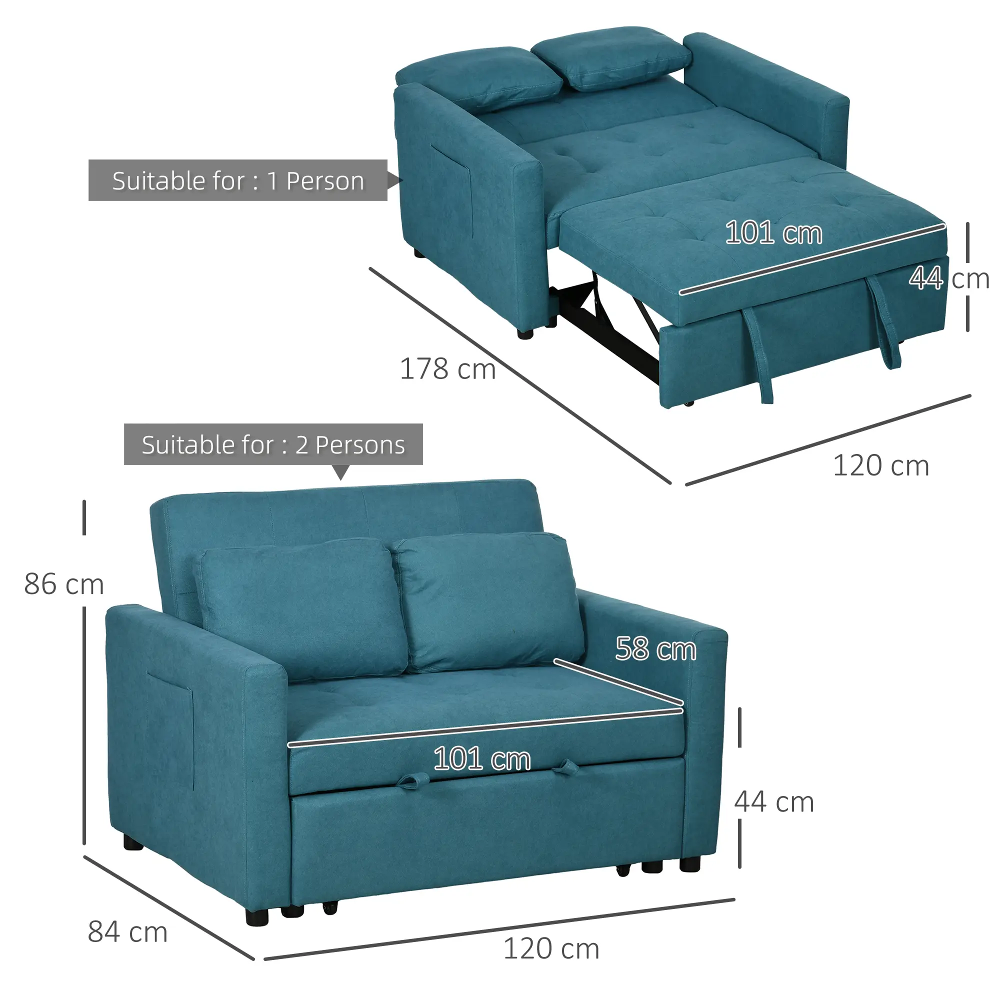 Sofa Bed 120 x 84 x 86cm - Blue - 3