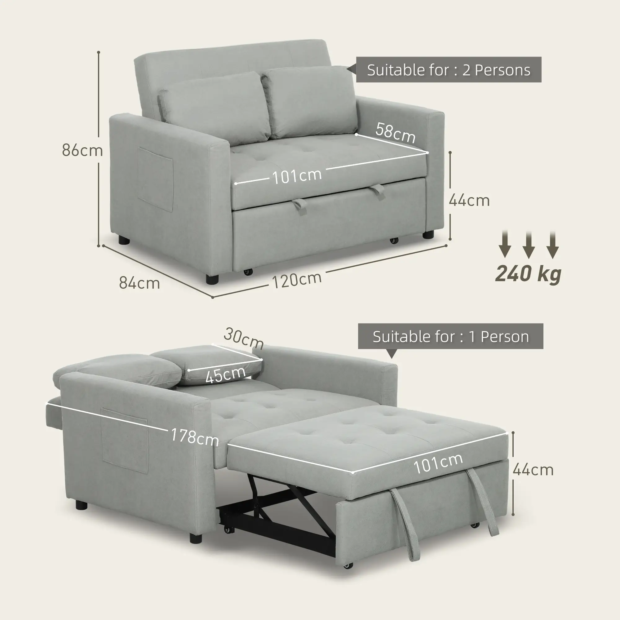 Sofa Bed 120 x 84 x 86cm - Light Grey - 3