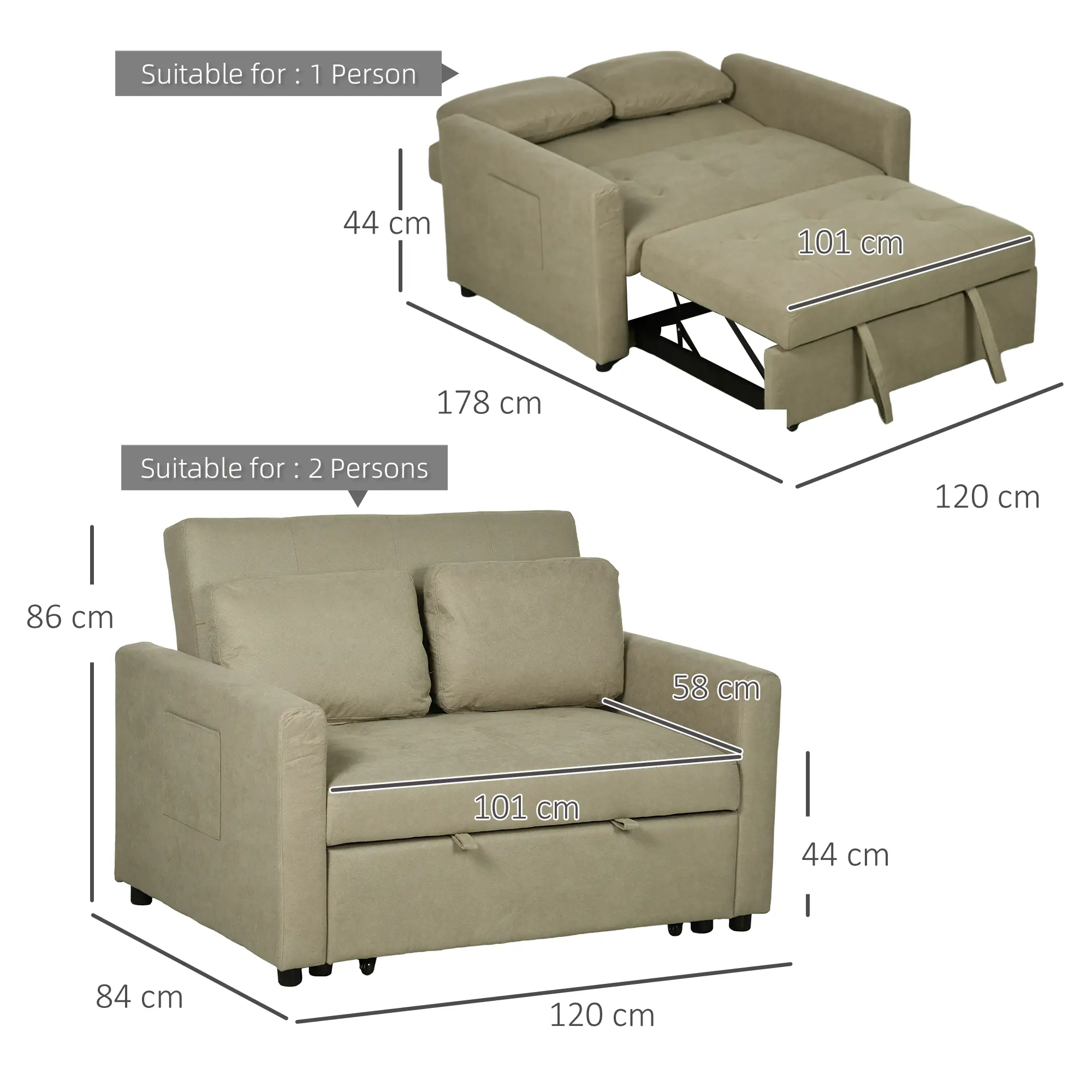 Sofa Bed 120 x 84 x 86cm - Light Brown - 3