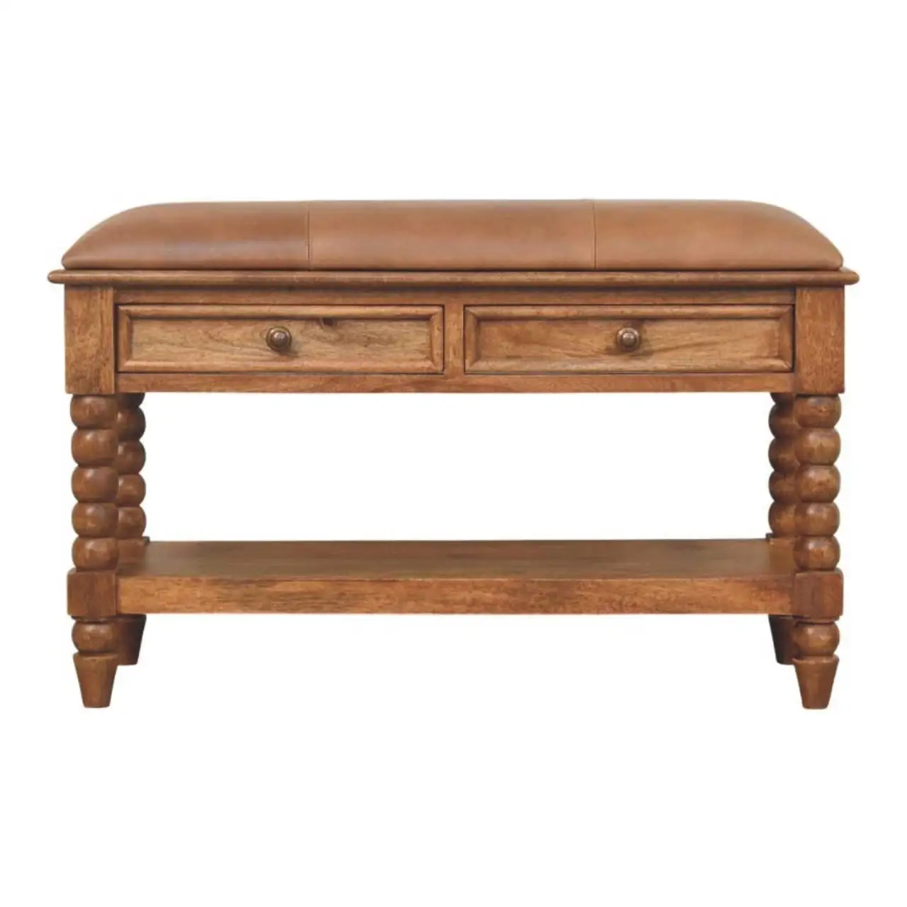 Mango Wood Spindle Storage Bench 35 x 90 x 55cm, Brown - Brown - 2