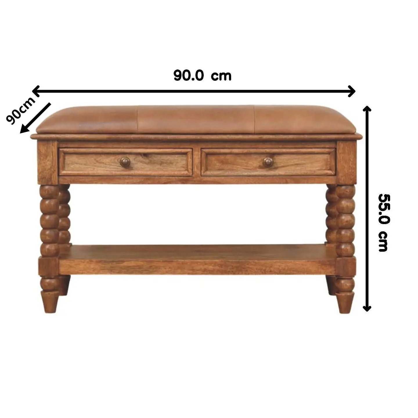 Mango Wood Spindle Storage Bench 35 x 90 x 55cm, Brown - Brown - 3