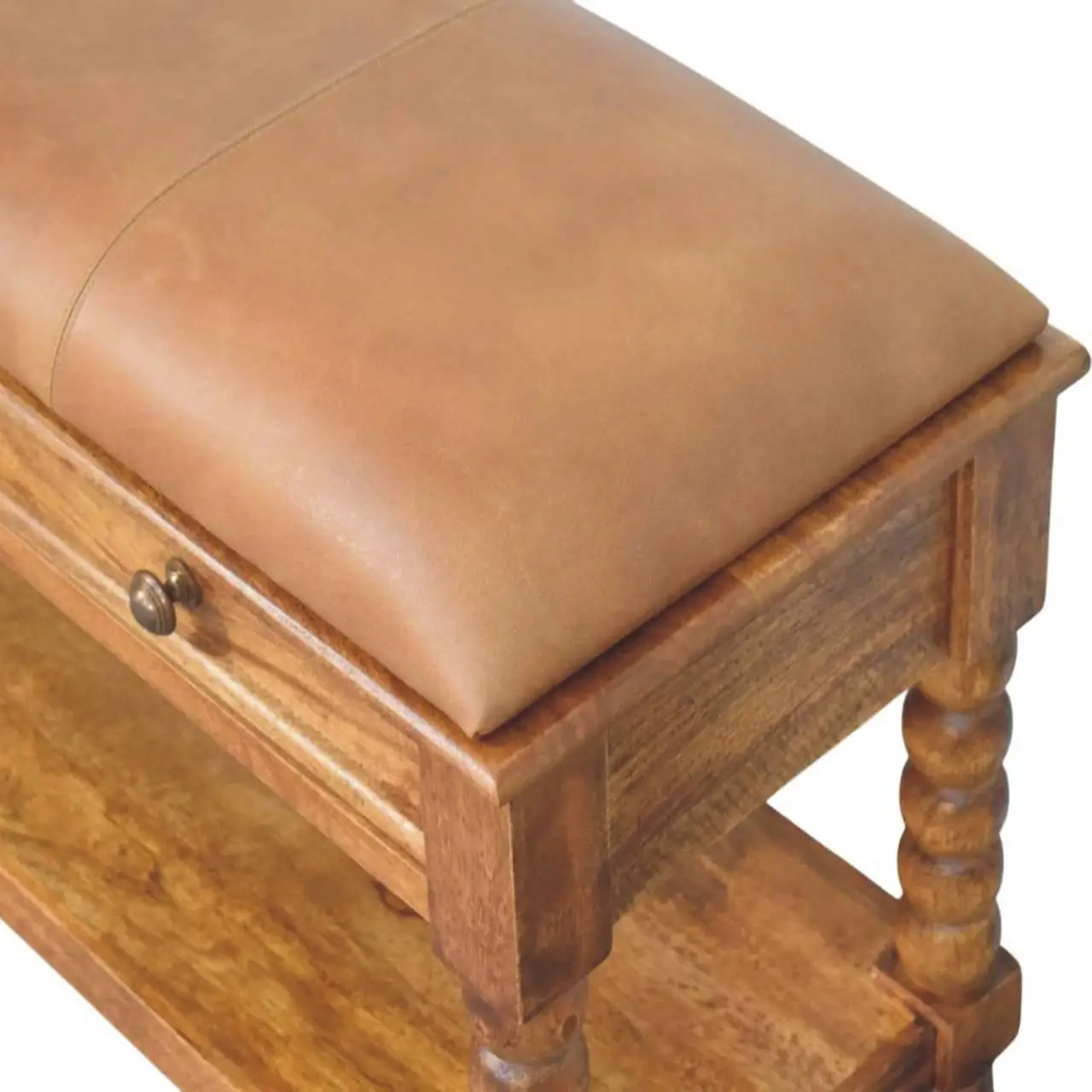 Mango Wood Spindle Storage Bench 35 x 90 x 55cm, Brown - Brown - 6