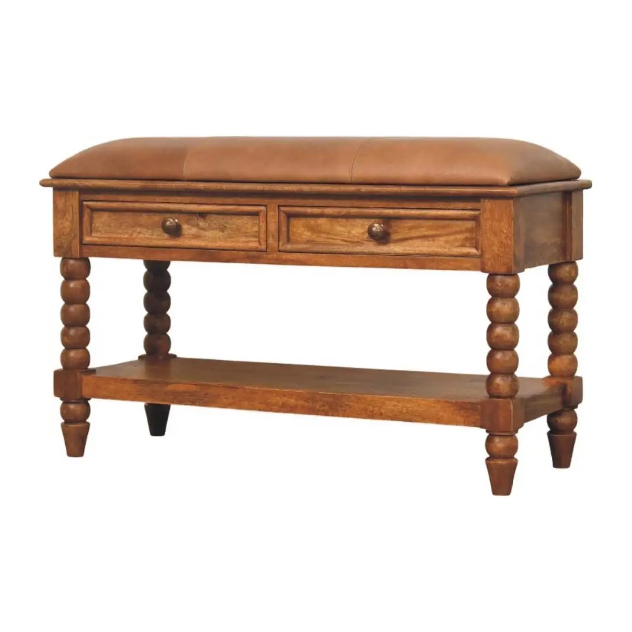 Mango Wood Spindle Storage Bench 35 x 90 x 55cm, Brown - Brown - 9