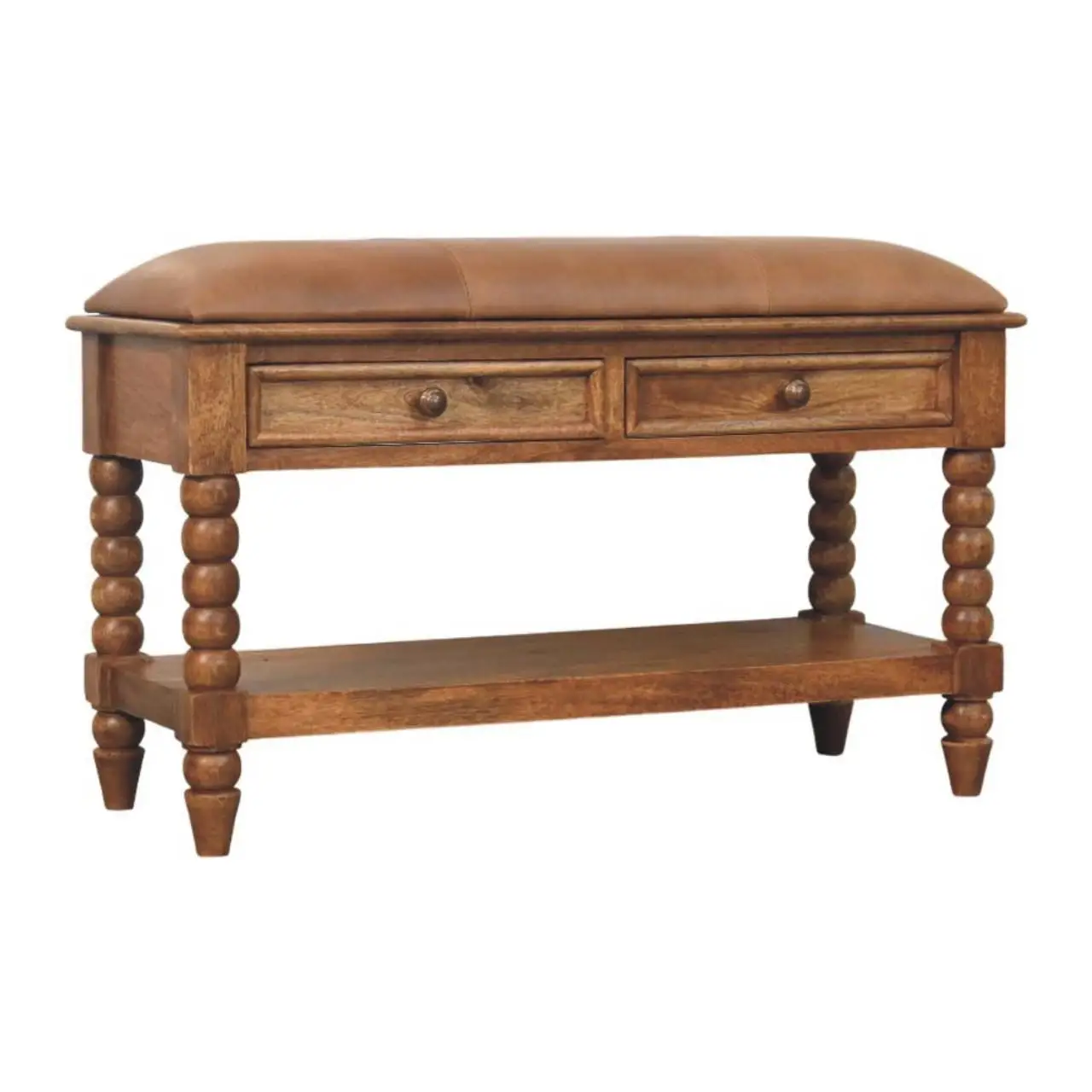 Mango Wood Spindle Storage Bench 35 x 90 x 55cm, Brown - Brown - 11