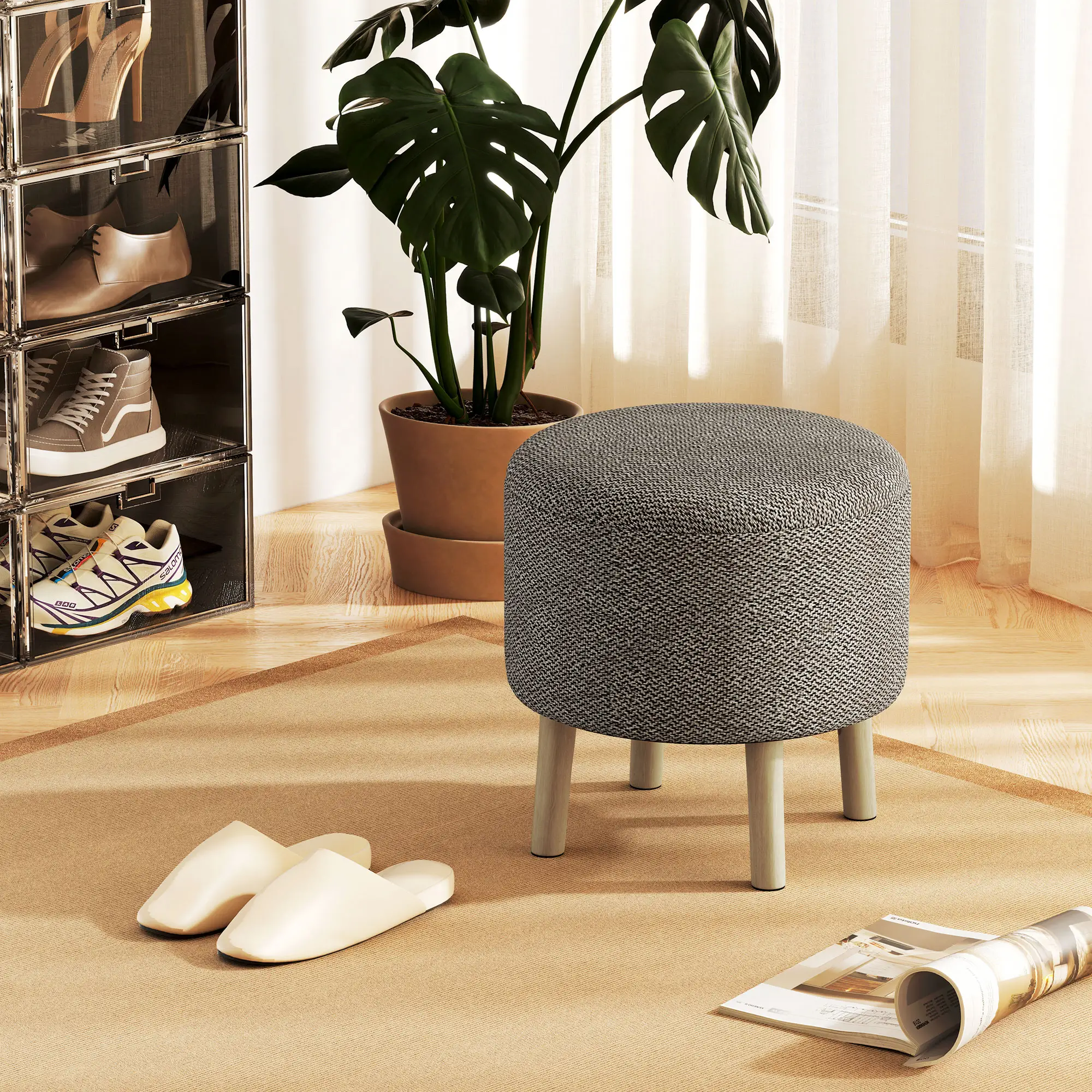 Round Linen Storage Ottoman 39 x 39 x 40cm, Light Grey - Light Grey - 2