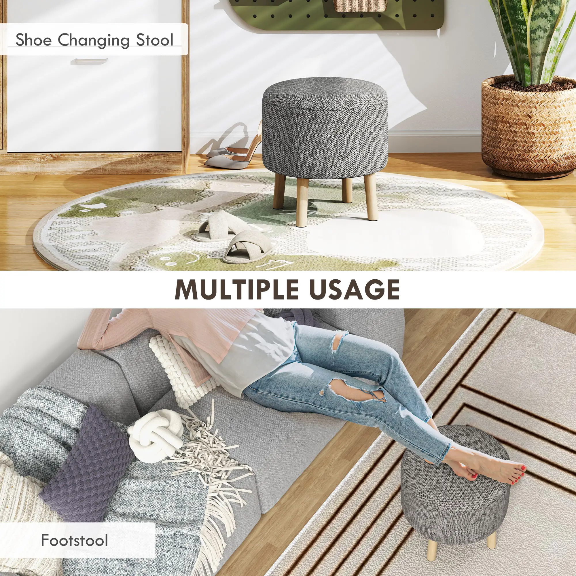 Round Linen Storage Ottoman 39 x 39 x 40cm, Light Grey - Light Grey - 6