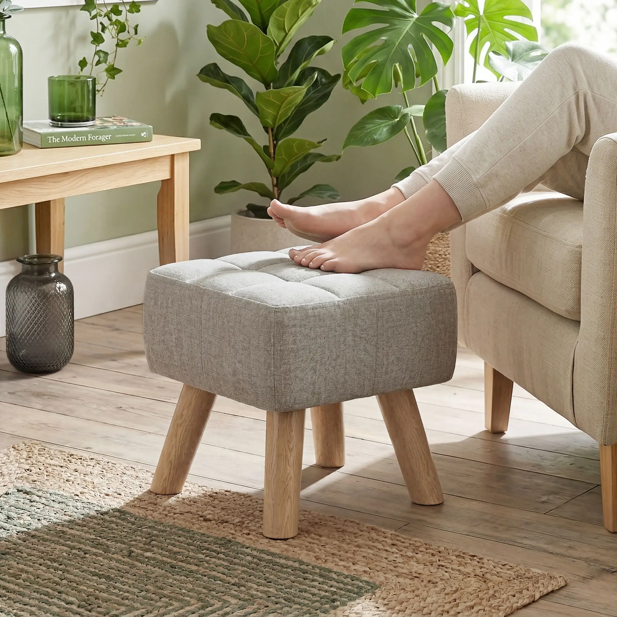 Square Linen Footstool 27 x 27 x 26cm - Light Brown - 2