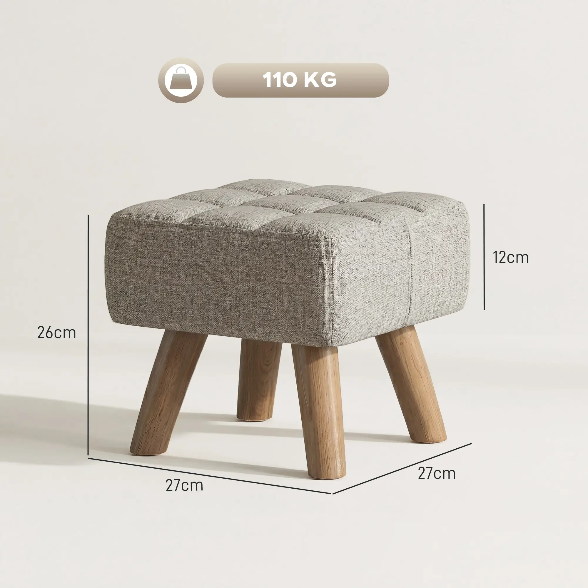 Square Linen Footstool 27 x 27 x 26cm - Light Brown - 3