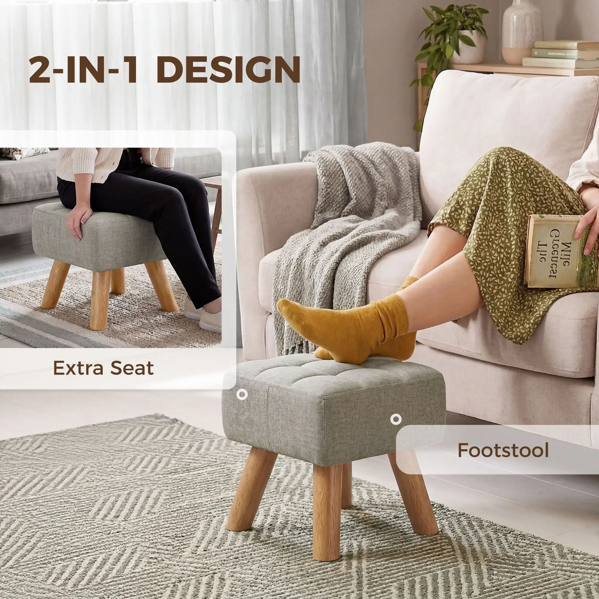 Square Linen Footstool 27 x 27 x 26cm - Light Brown - 4