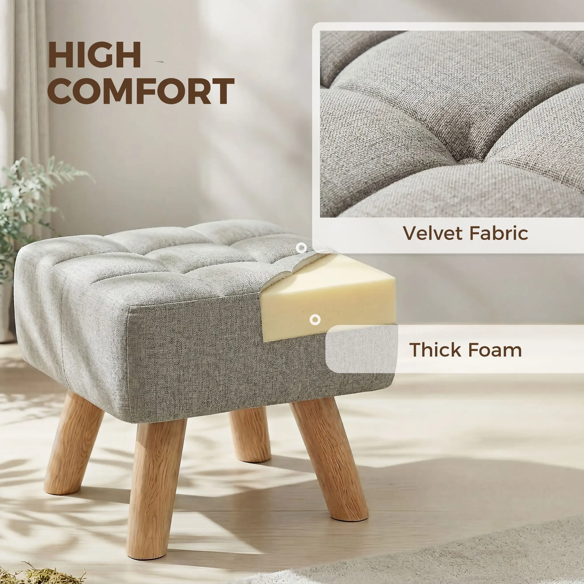 Square Linen Footstool 27 x 27 x 26cm - Light Brown - 5