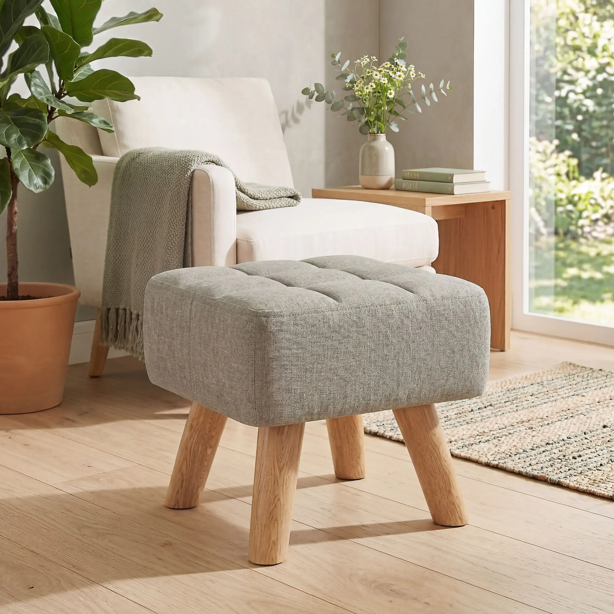 Square Linen Footstool 27 x 27 x 26cm - Light Brown - 7