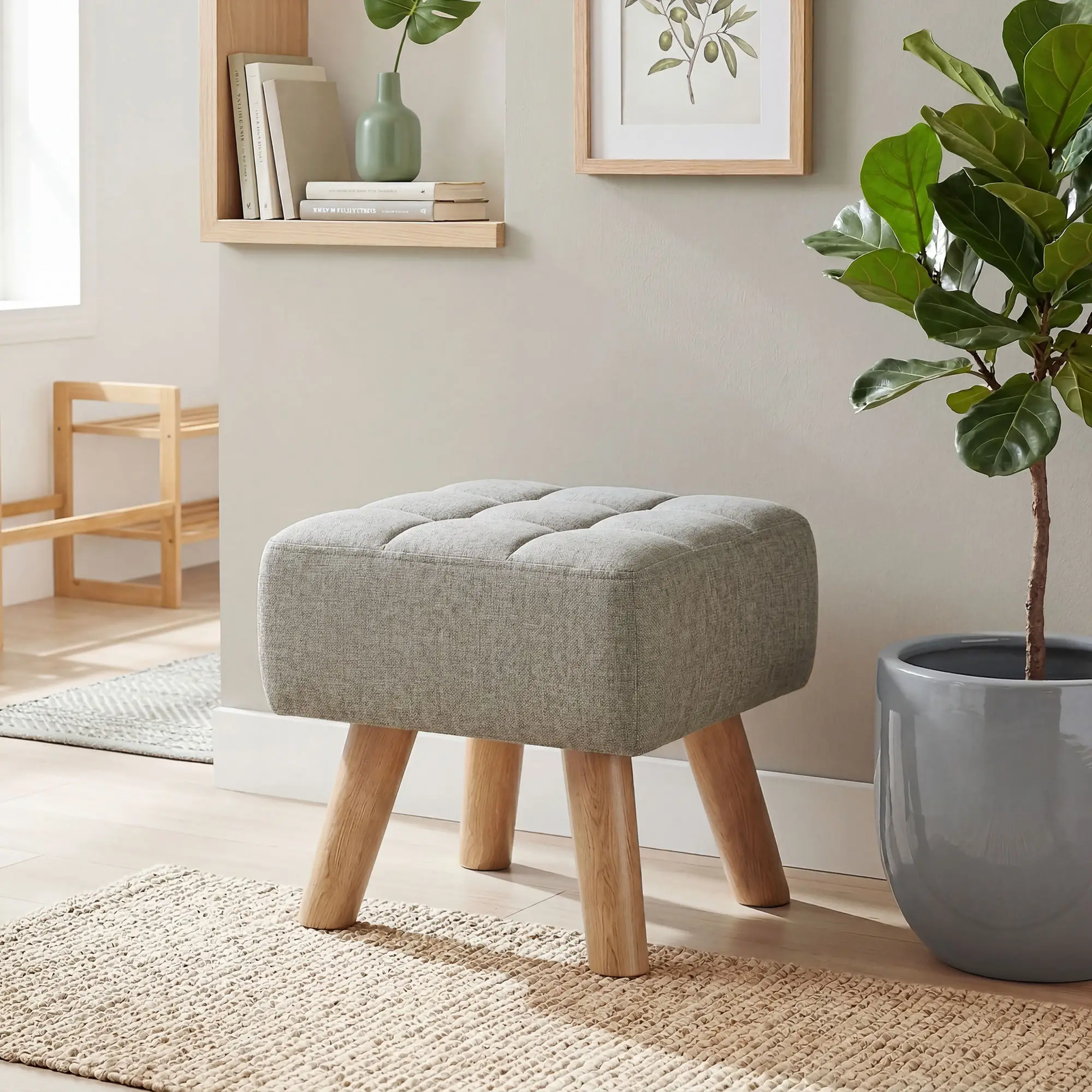 Square Linen Footstool 27 x 27 x 26cm - Light Brown - 8