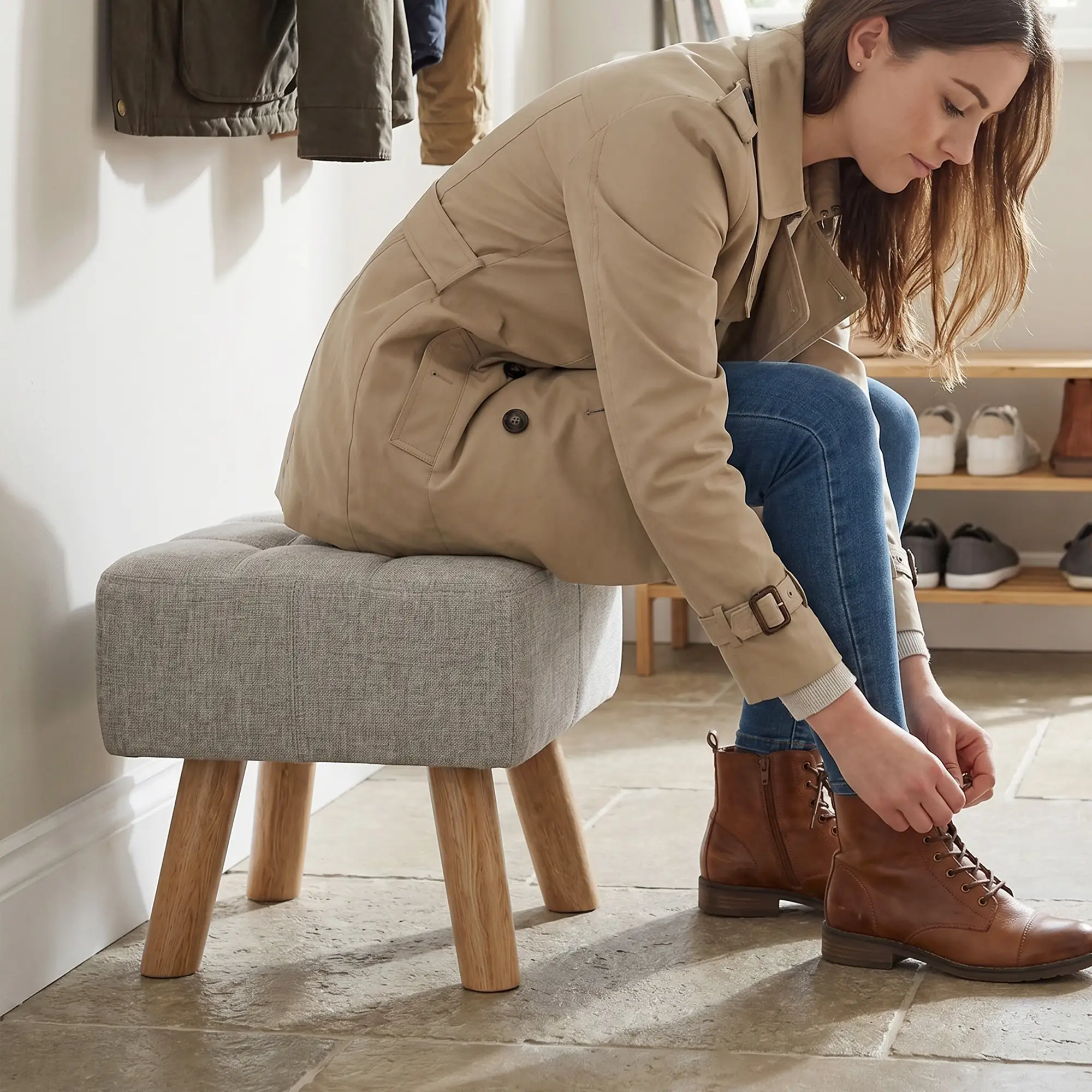 Square Linen Footstool 27 x 27 x 26cm - Light Brown - 9